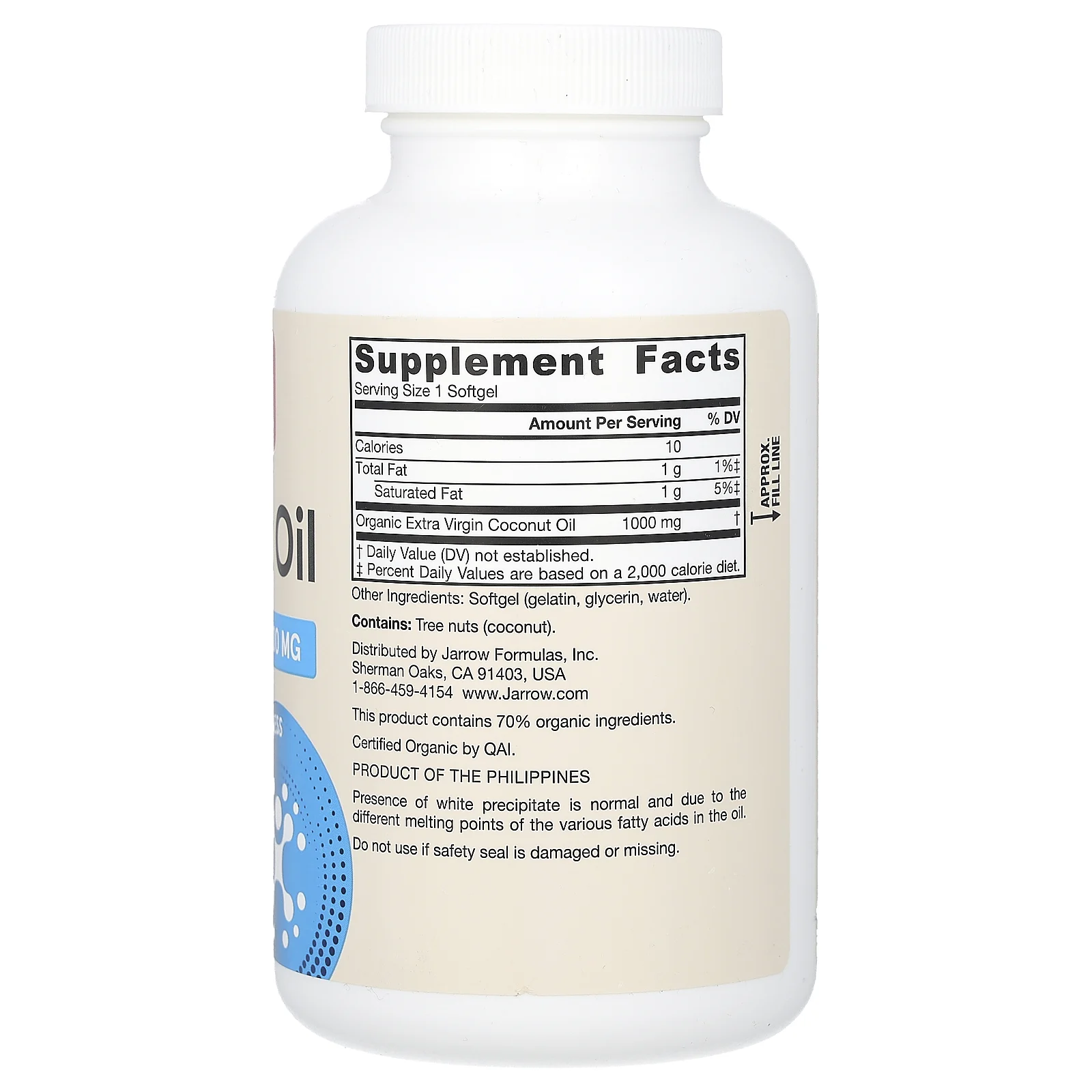 Jarrow Formulas, нерафинированное кокосовое масло высшего качества, 1000 мг, 120 капсул