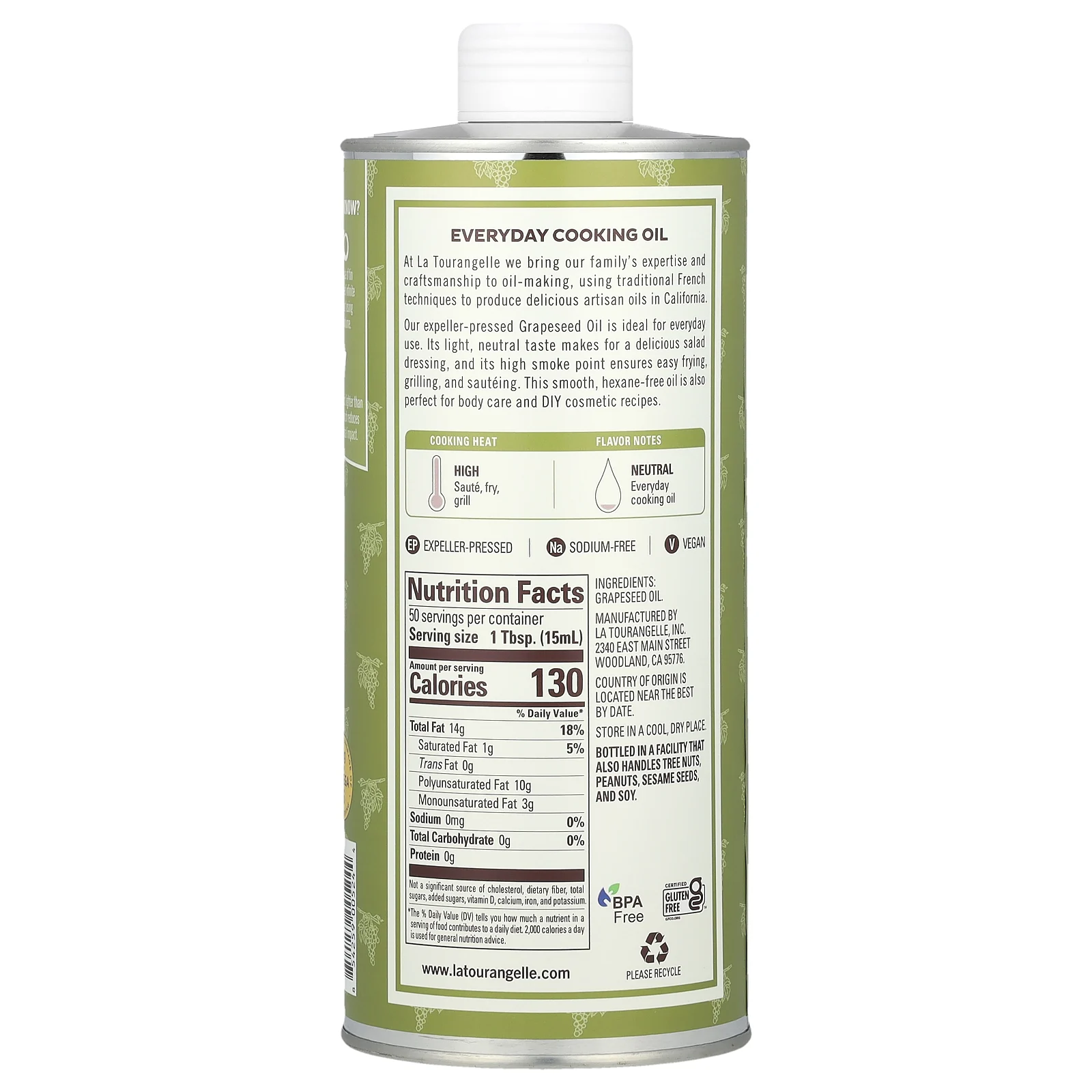 La Tourangelle, Масло из виноградных косточек, полученное методом отжима, 750 мл (25,4 жидк. Унции)