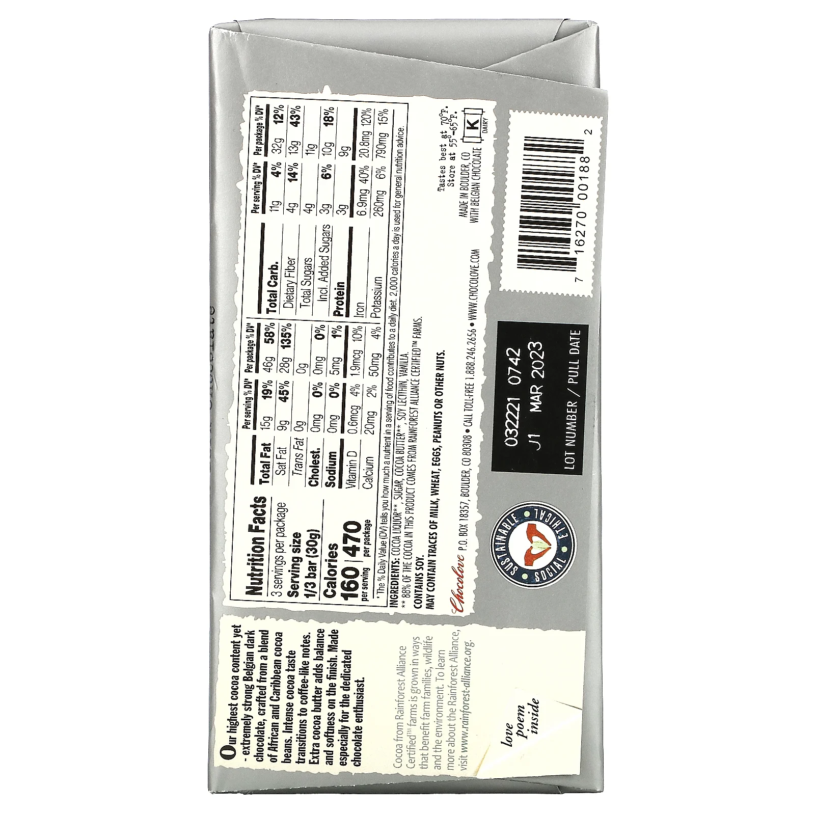 Chocolove, горький шоколад, 88% какао, 90 г (3,2 унции)