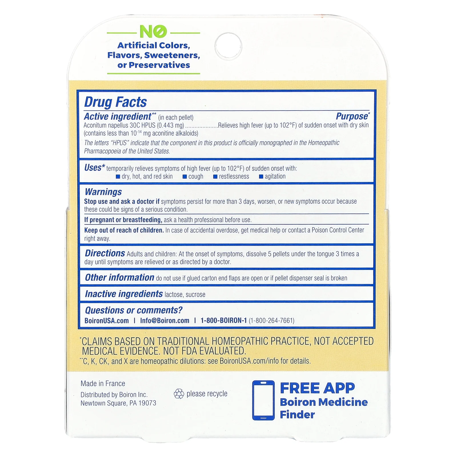 Boiron, Aconitum, лихорадка, гранулы Meltaway, 30C, 3 тюбика, 80 гранул в каждой