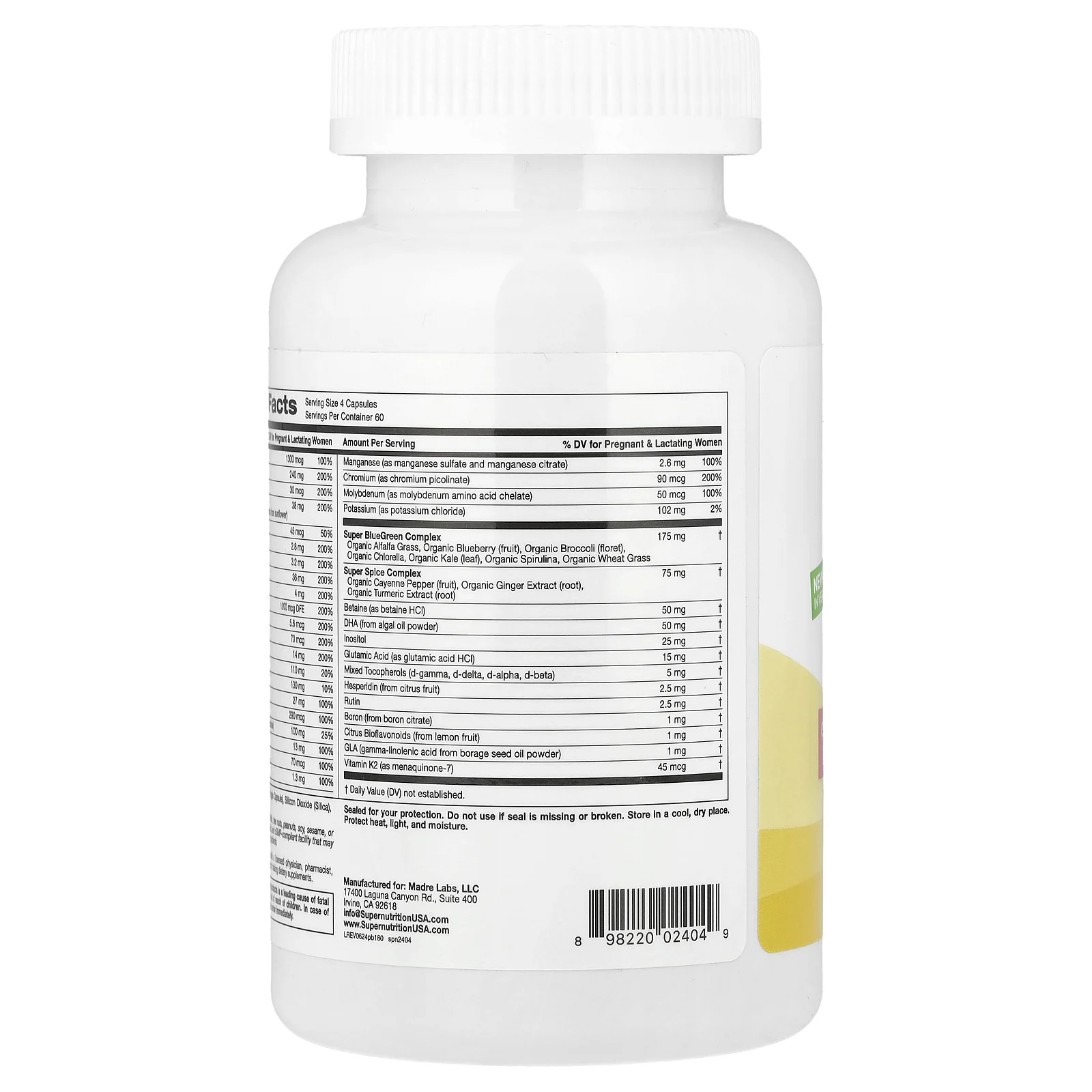 Super Nutrition, мультивитамины для беременных с суперзеленью и специями, 240 растительных капсул