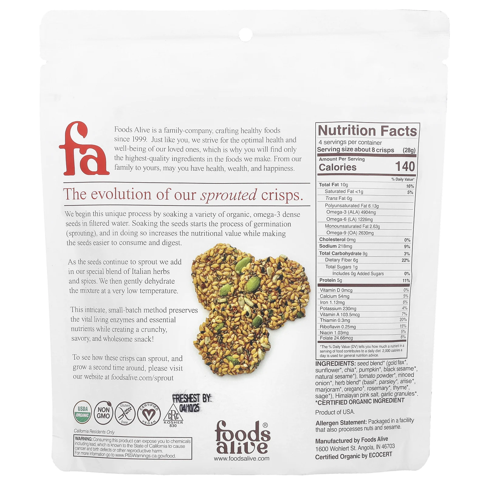 Foods Alive, Хрустящие чипсы, томаты и травы, 113 г (4 унции)