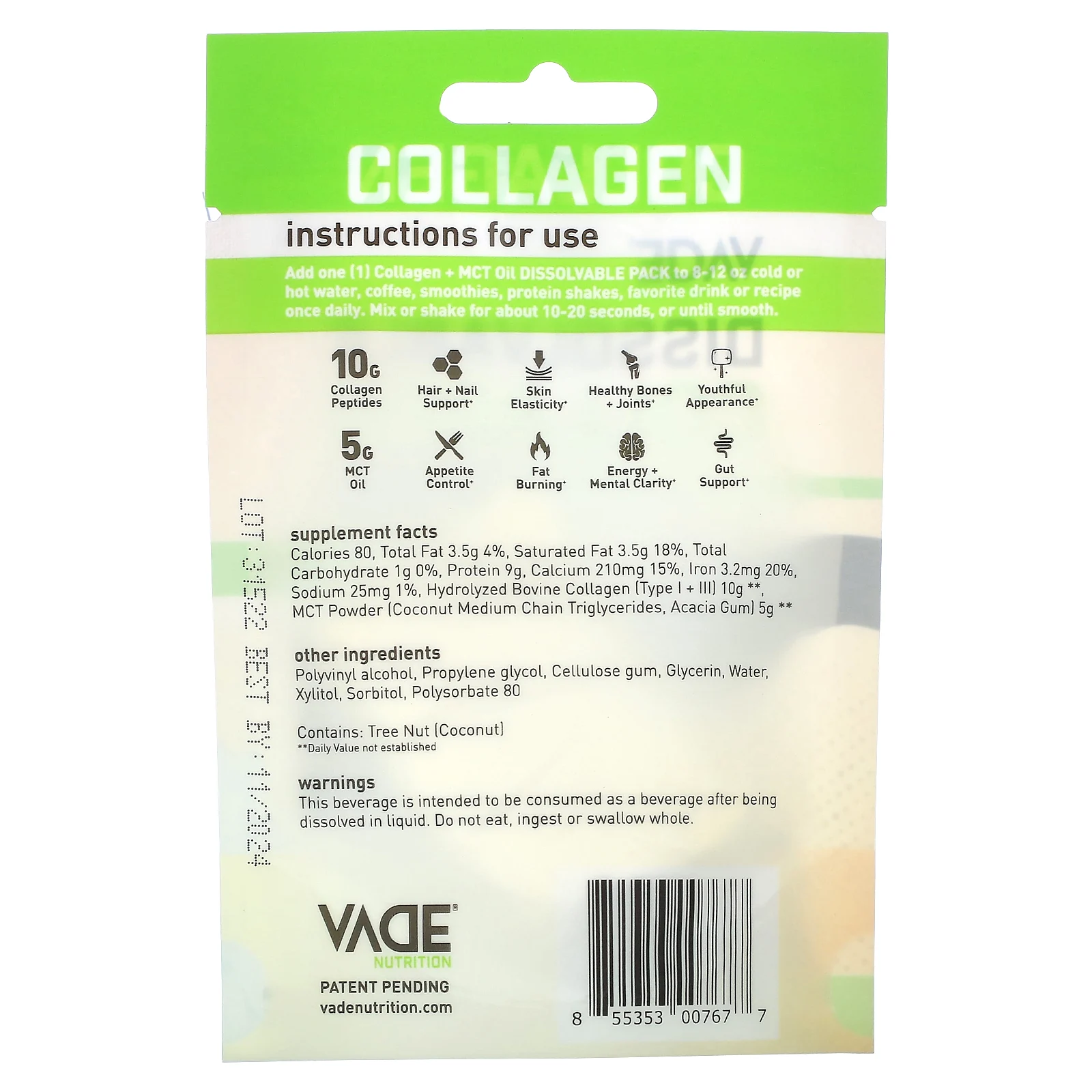 Vade Nutrition, Пакетики с растворимым коллагеном, + масло MCT, без добавок, 15,5 г (0,55 унции)