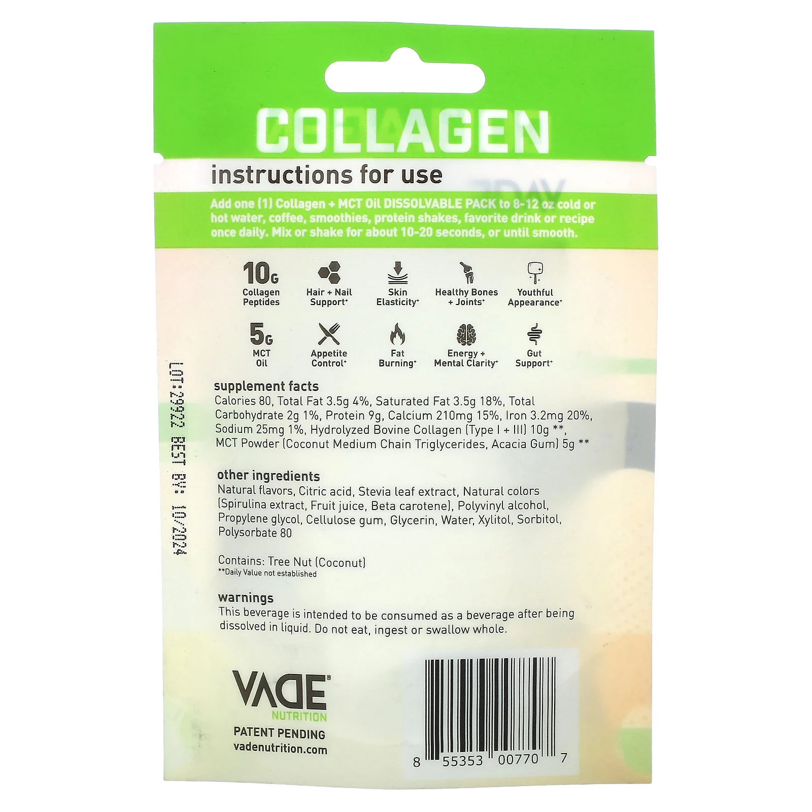 Vade Nutrition, Пакетики с растворимым коллагеном, + масло MCT, лаймовый пирог, 16,8 г (0,59 унции)