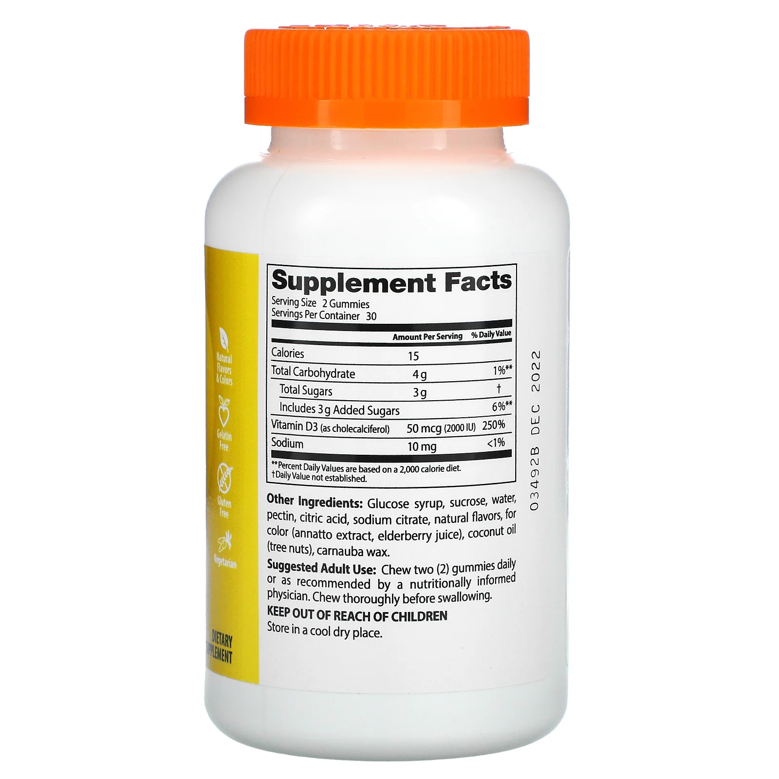 Doctor's Best, жевательный витамин D3, со вкусом тропического танго, 2000 МЕ, 60 жевательных таблеток (25 мкг (1000 МЕ) в 1 жевательной таблетке)