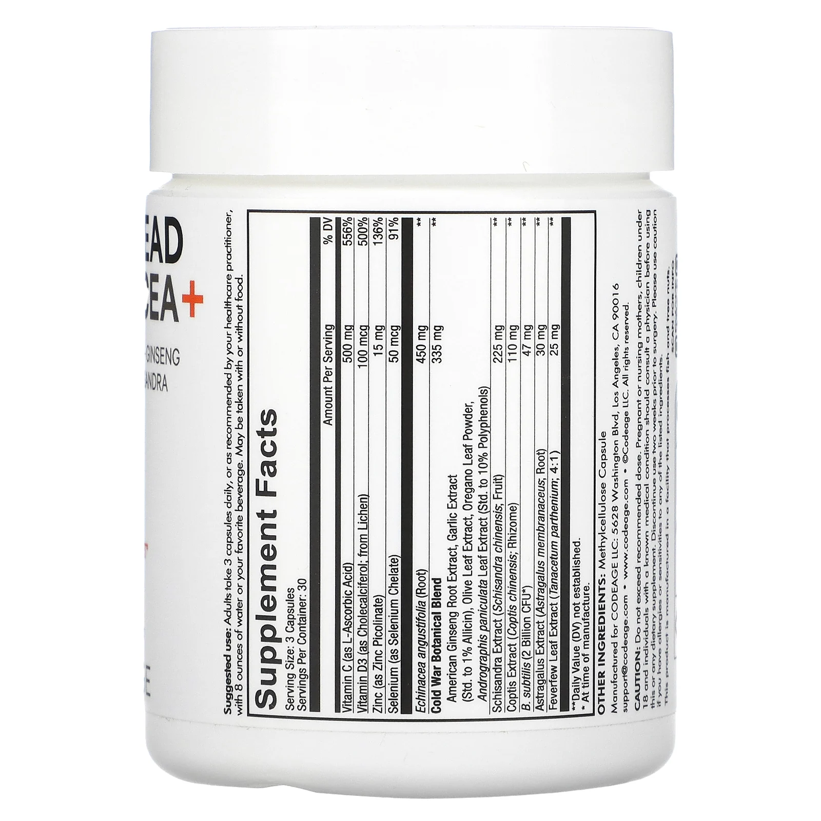 Codeage, Clearhead Echinacea+, витамины, пиретрум, женьшень, астрагал, лимонник, 90 капсул