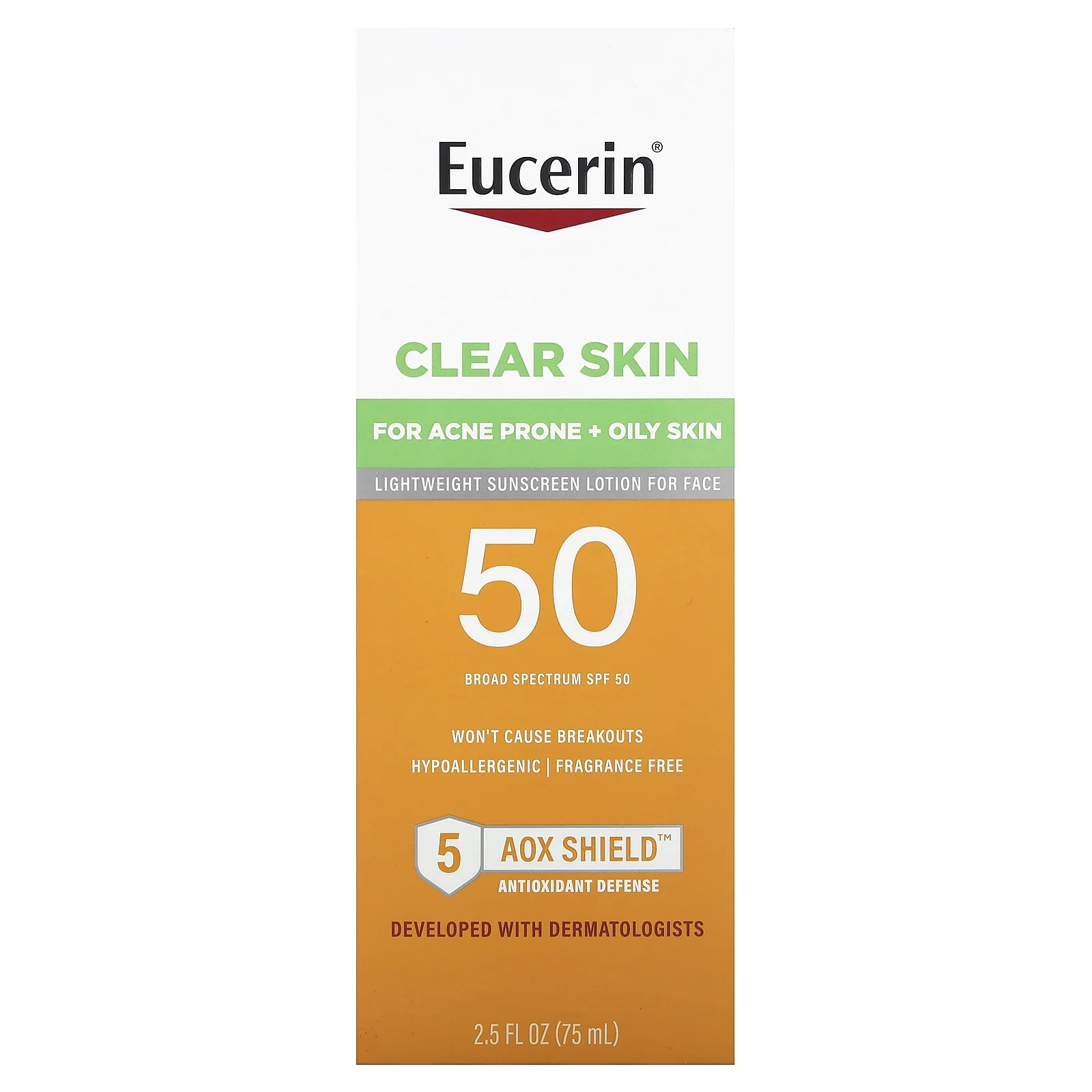 Eucerin, Clear Skin, легкий солнцезащитный лосьон для лица, SPF 50, без отдушек, 75 мл (2,5 жидк. унции)