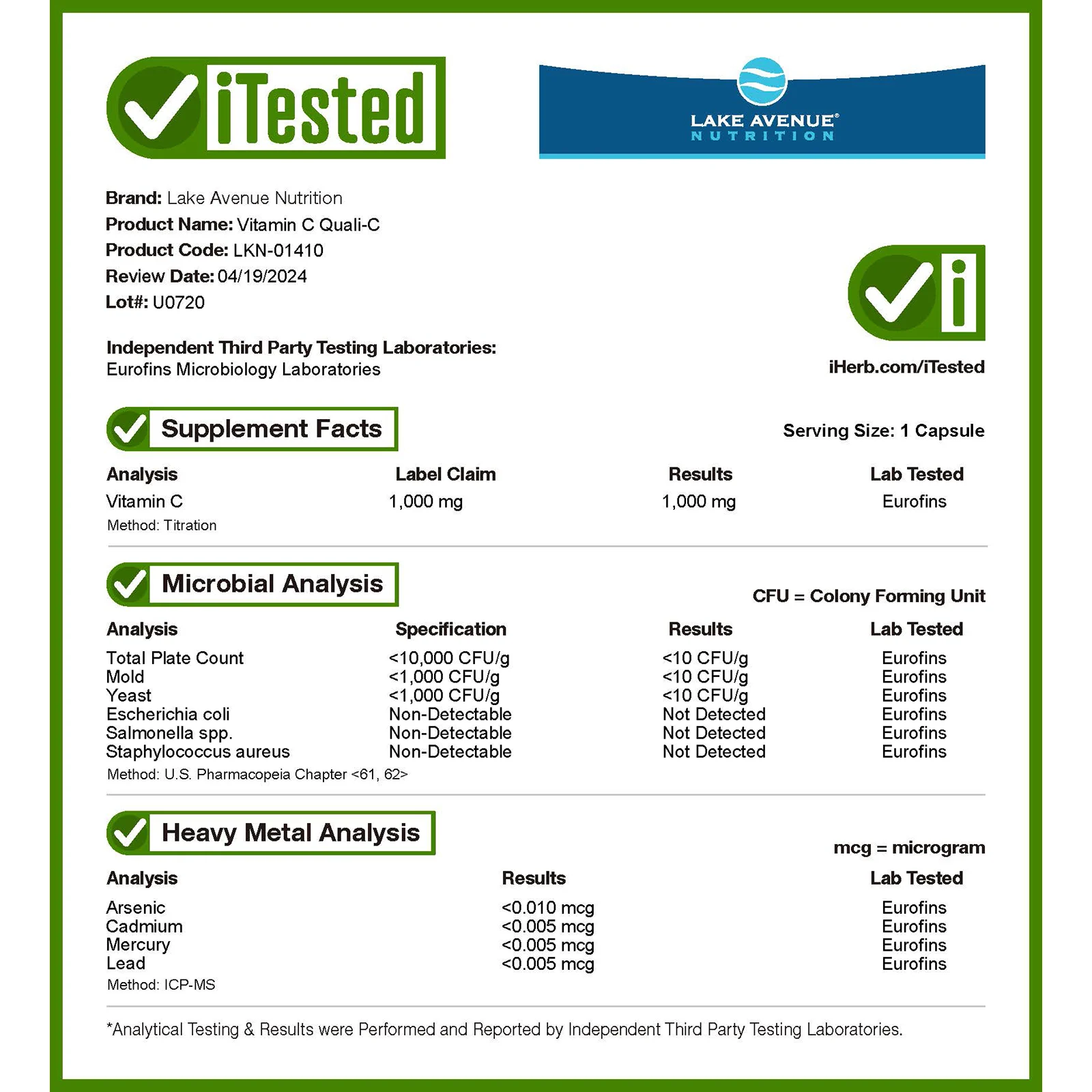 Lake Avenue Nutrition, витамин C, с Quali-C, 1000 мг, 365 растительных капсул