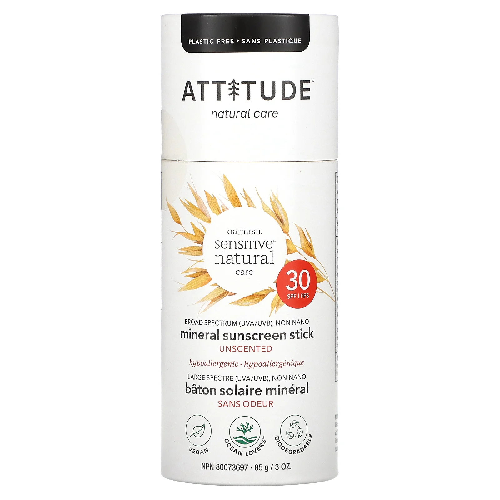 ATTITUDE, Oatmeal Sensitive Natural Care, солнцезащитный стик с минералами, SPF 30, без запаха, 85 г (3 унции)