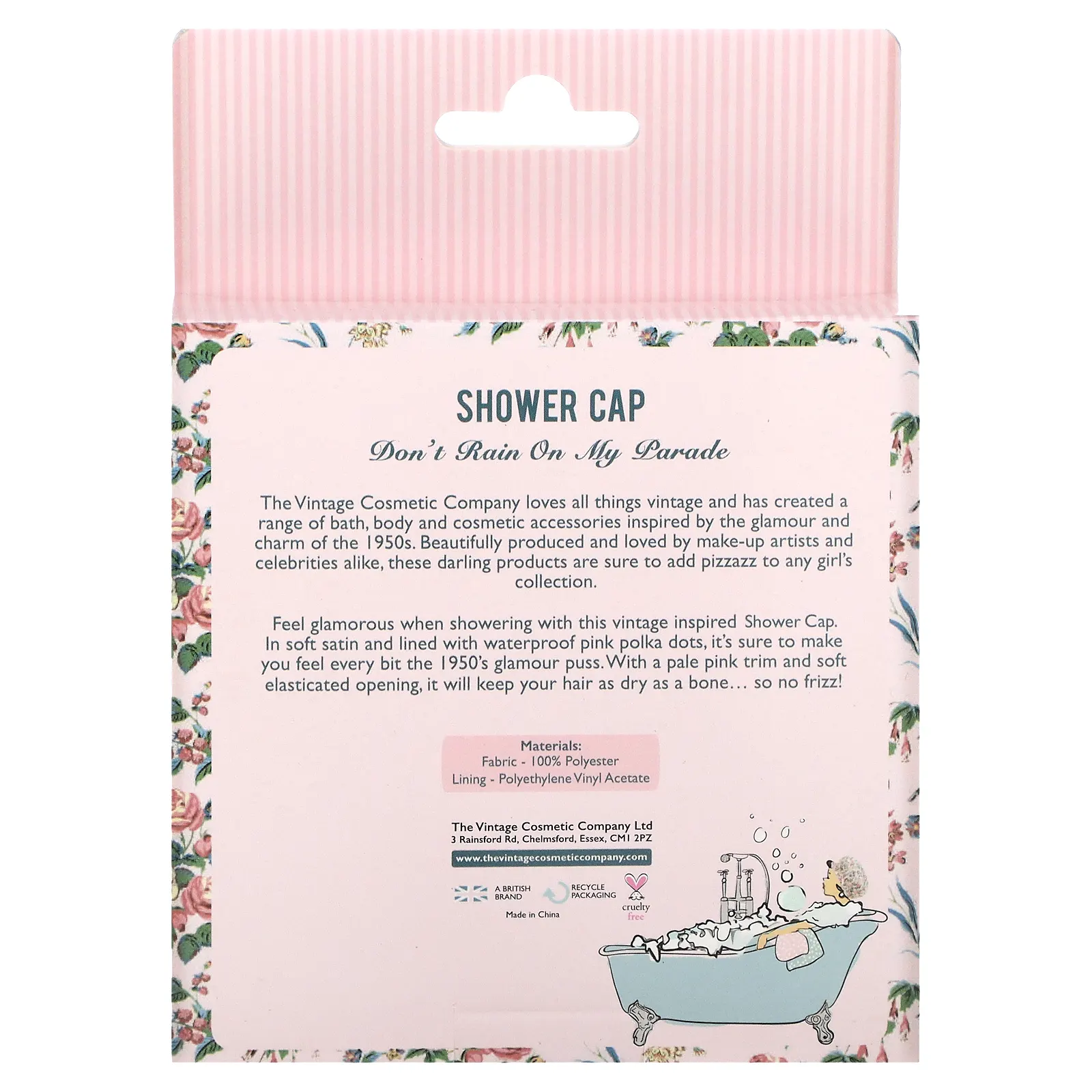 The Vintage Cosmetic Company, Шапочка для душа, розовый сатин с цветочным принтом, 1 шт.