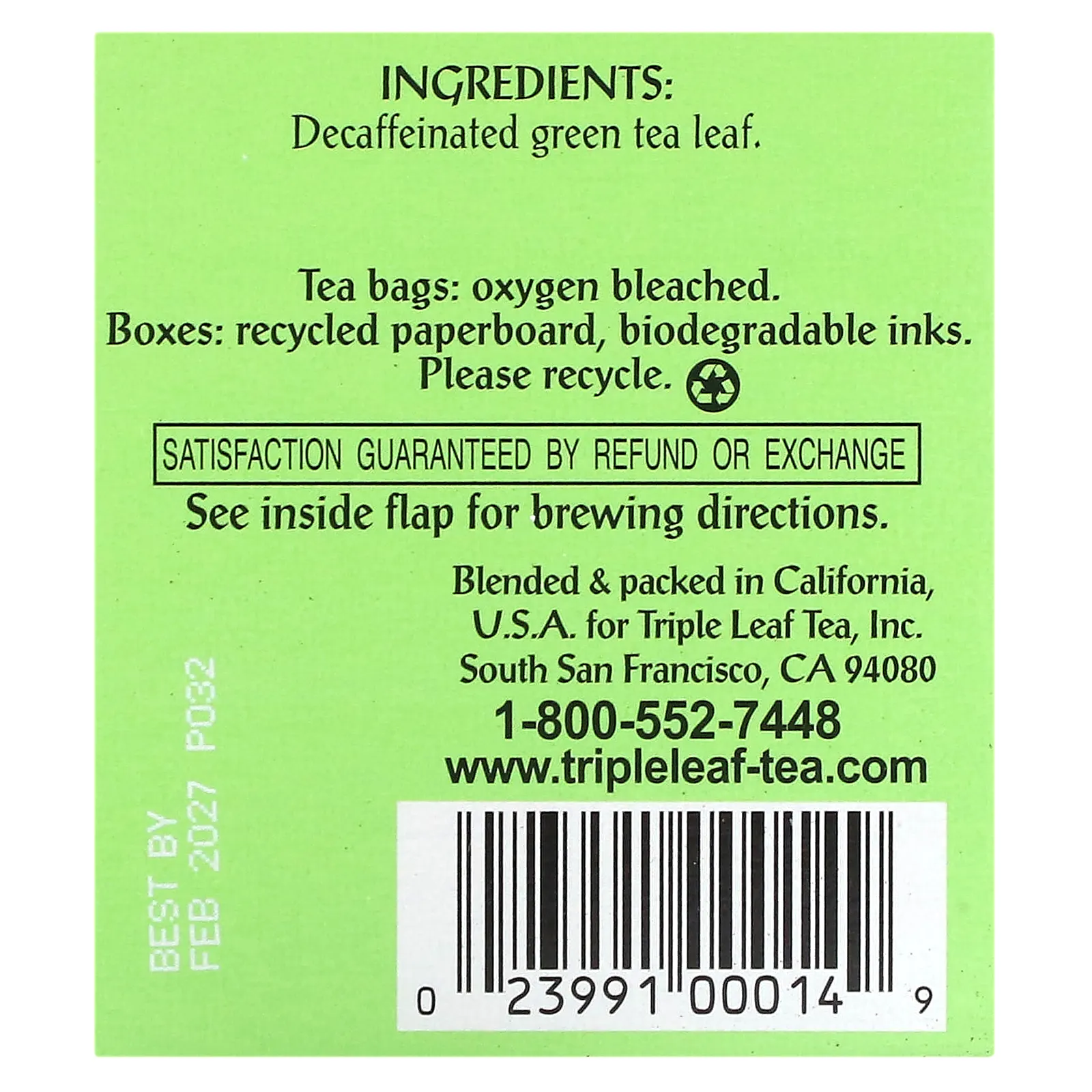 Triple Leaf Tea, зеленый чай без кофеина, 20 чайных пакетиков, 38 г (1,34 унции)