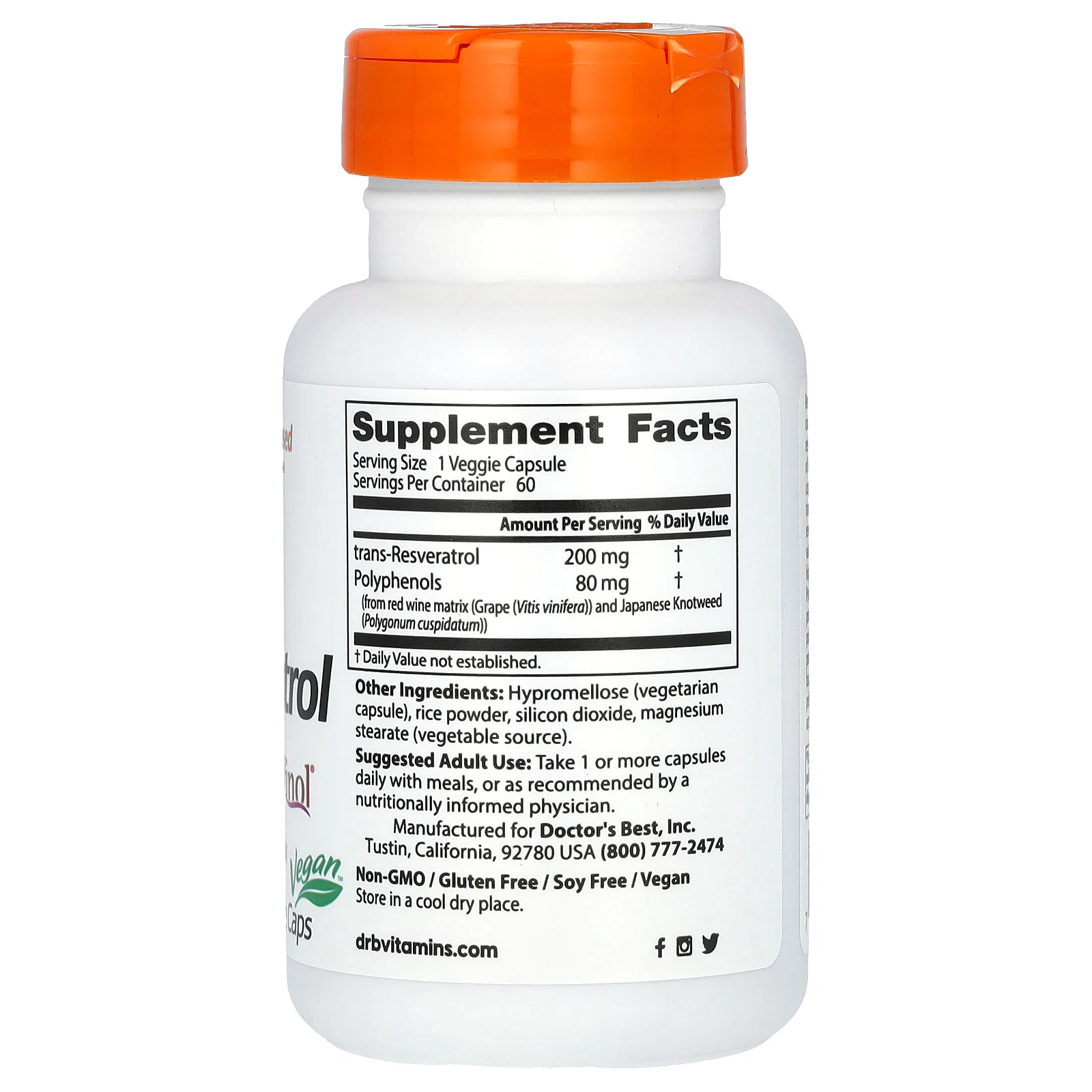 Doctor's Best, транс-ресвератрол 200 с Resvinol, 200 мг, 60 вегетарианских капсул