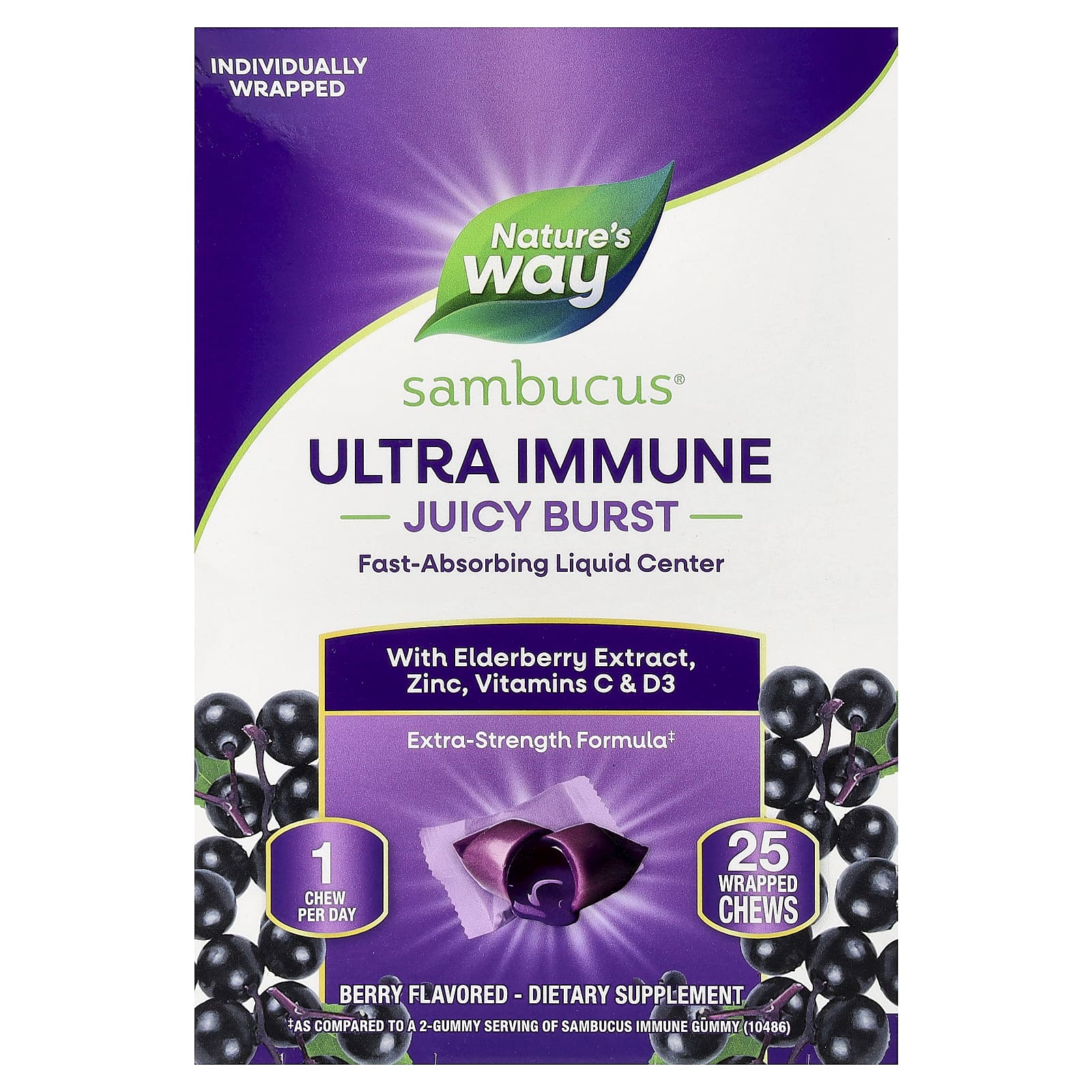 Nature's Way, Sambucus® Ultra Immune, Juicy взрыв, ягодный вкус, 25 жевательных таблеток в упаковке