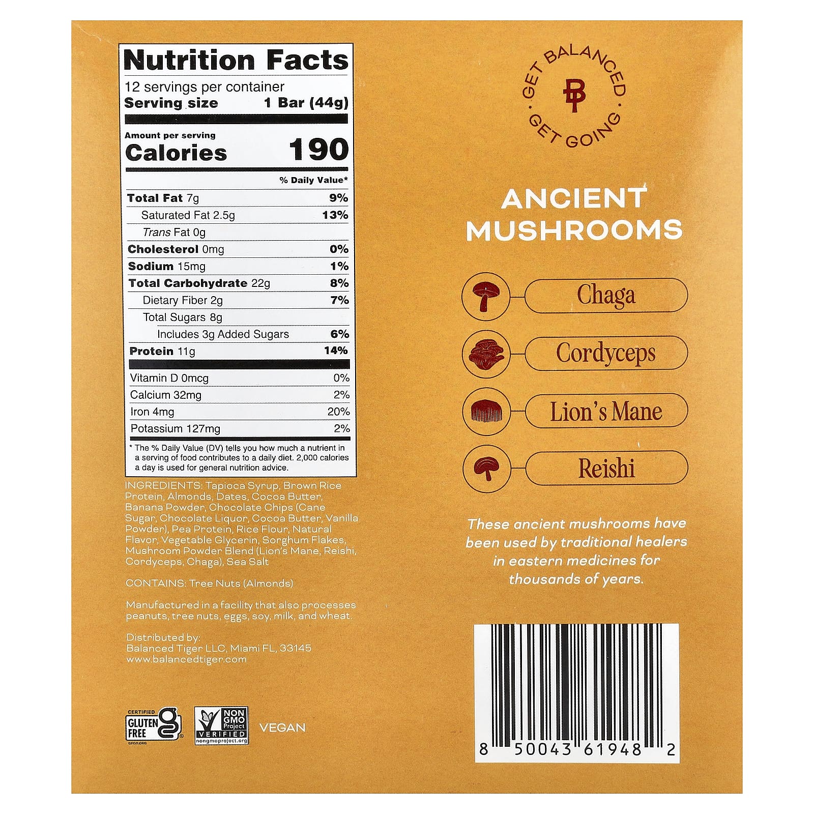 Balanced Tiger, протеиновый батончик, банан и шоколадная крошка, 12 шт. по 44 г (1,55 унции)