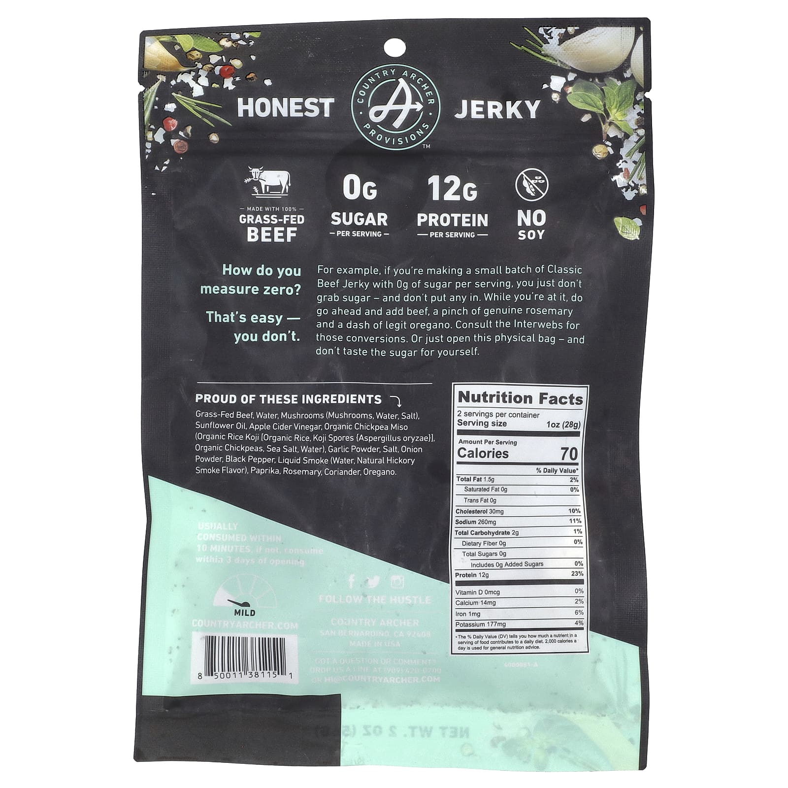 Country Archer Jerky, Вяленое мясо с говядиной травяного откорма, без сахара, классическое, 56 г (2 унции)