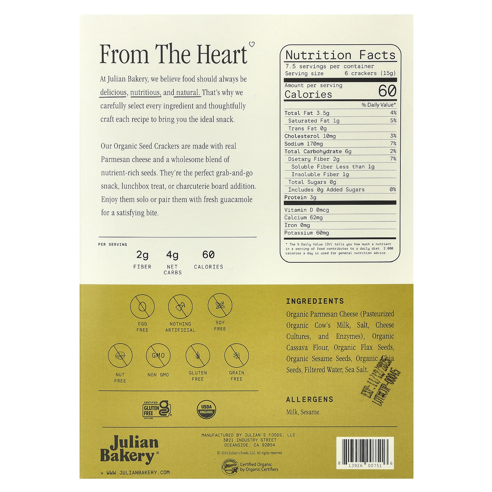 Julian Bakery, Primal Thin® Crackers, органический пармезан, 113 г (4 унции)