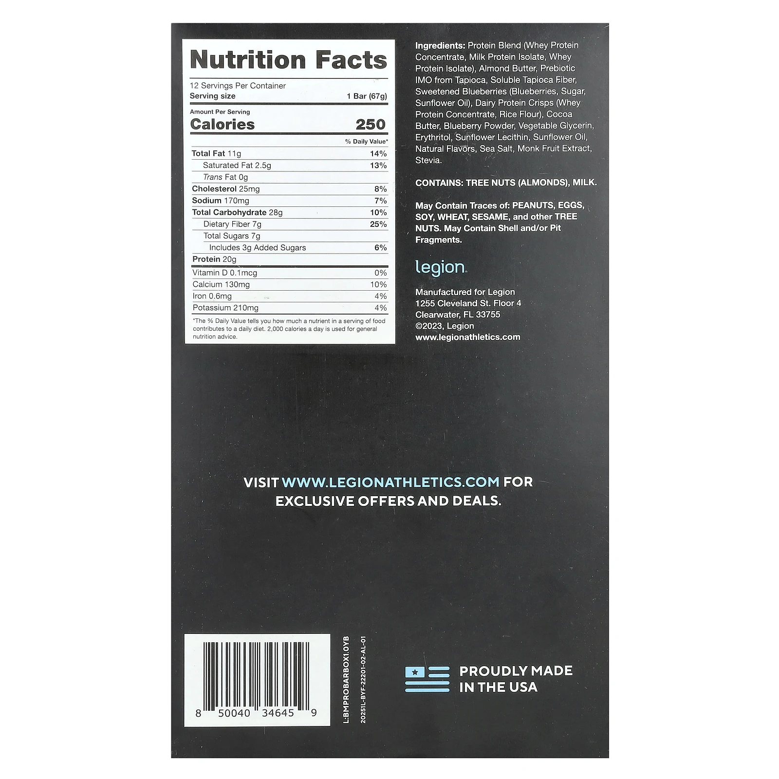 Legion Athletics, Протеиновый батончик, кексы с голубикой, 12 батончиков, 67 г (2,36 унции)