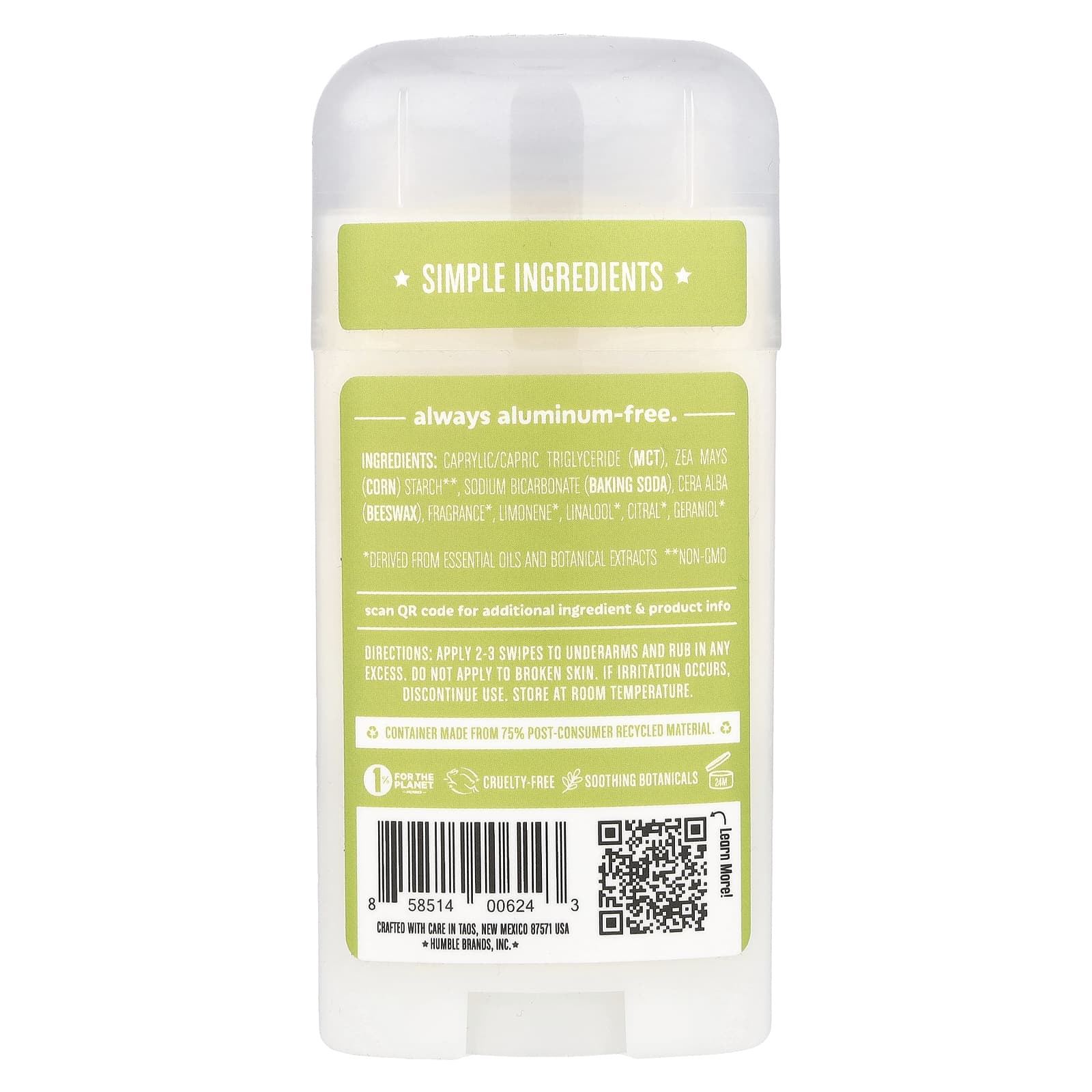 Humble Brands, Дезодорант без алюминия, бергамот и имбирь, 70 г (2,5 унции)