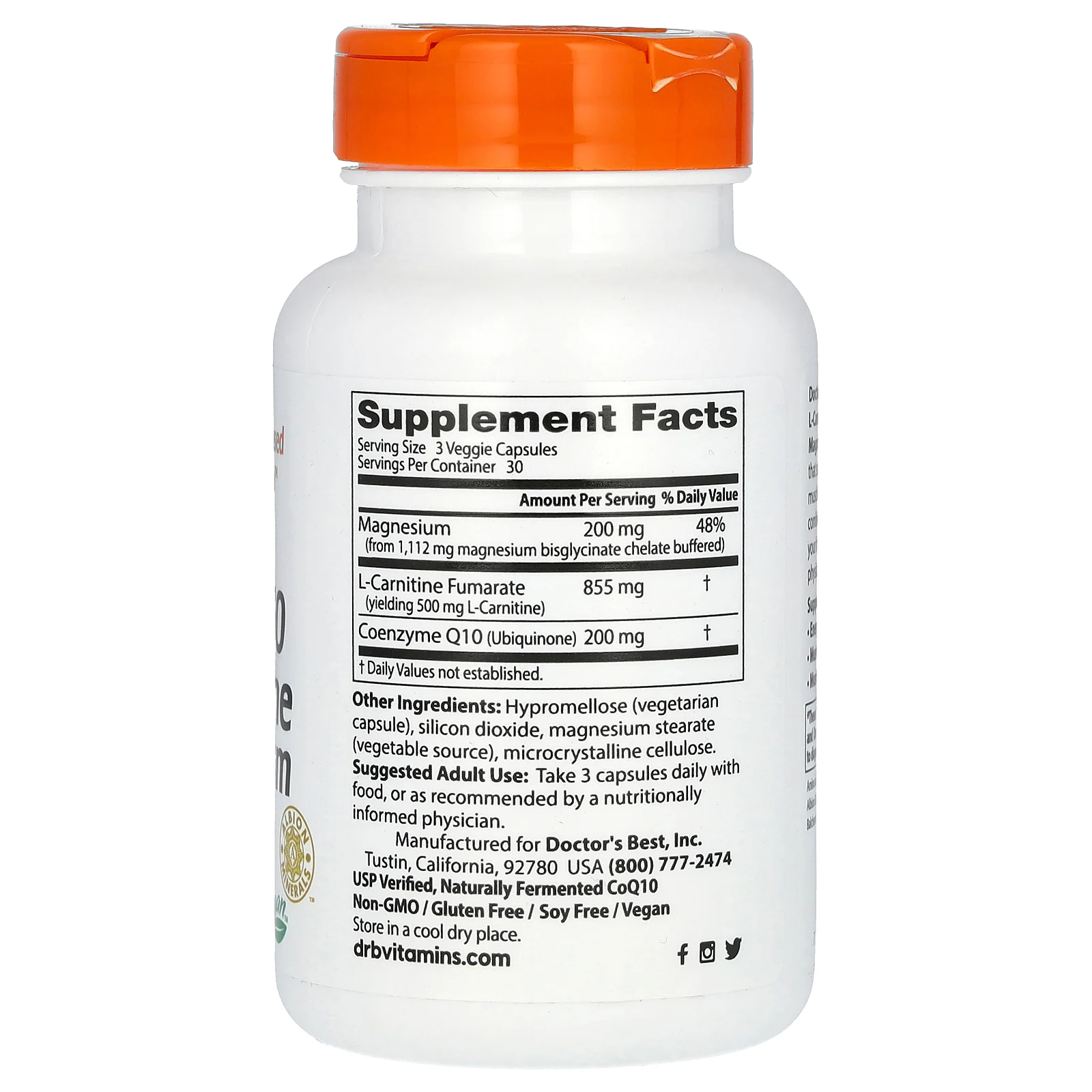 Doctor's Best, коэнзим Q10, L-карнитин и магний, 90 вегетарианских капсул