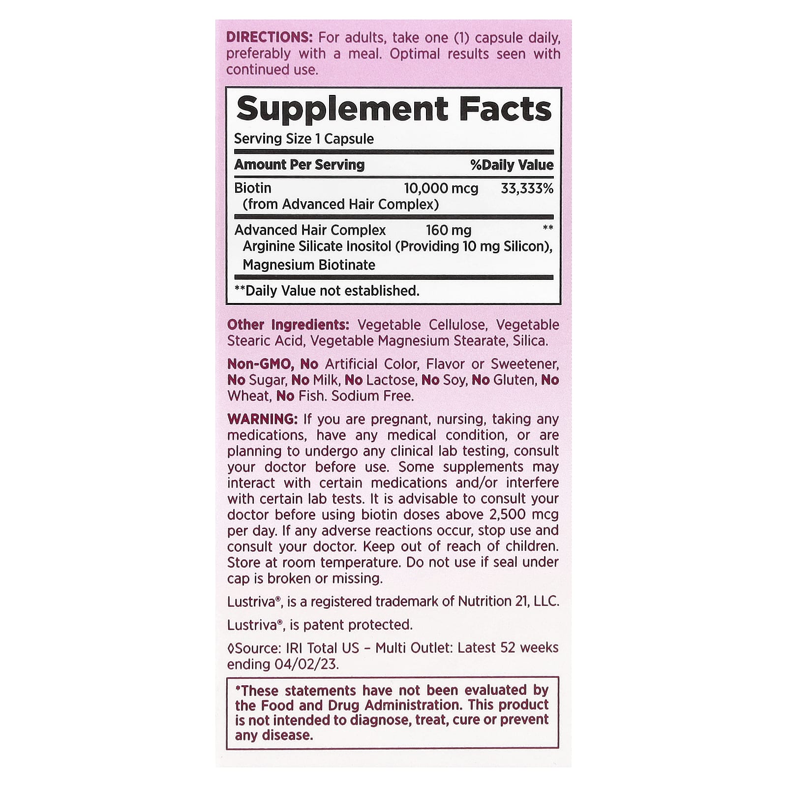 Nature's Bounty, Optimal Solutions®, для роста волос, 30 капсул