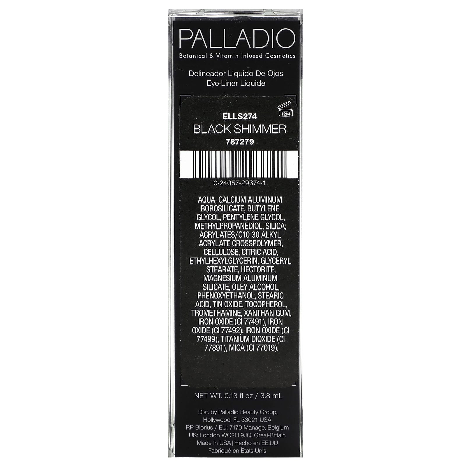 Palladio, жидкая подводка для глаз, черная, сияющая, ELLS274, 3,8 мл (0,13 жидк. унции)