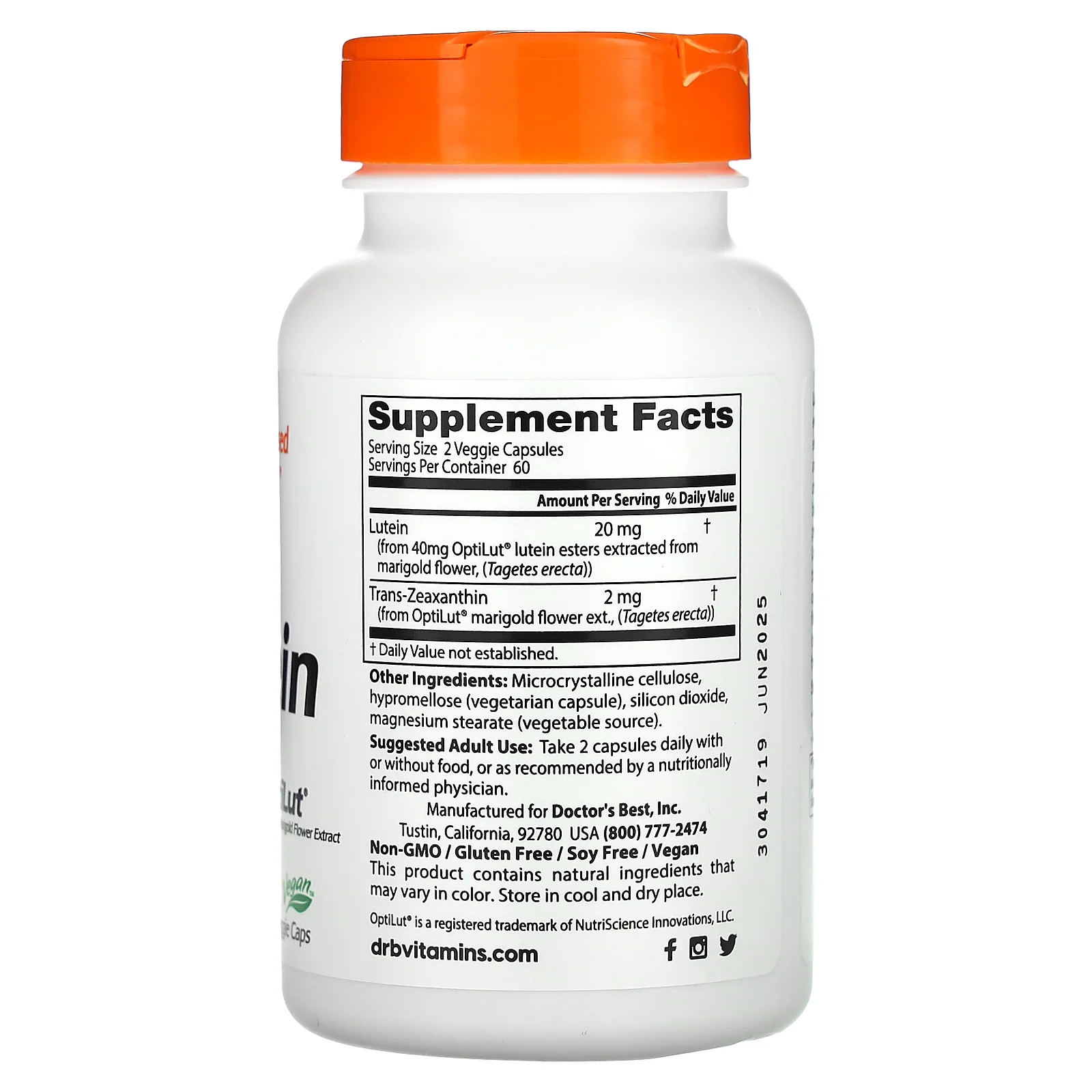 Doctor's Best, лютеин из OptiLut, 20 мг, 120 растительных капсул (10 мг в 1 капсуле)