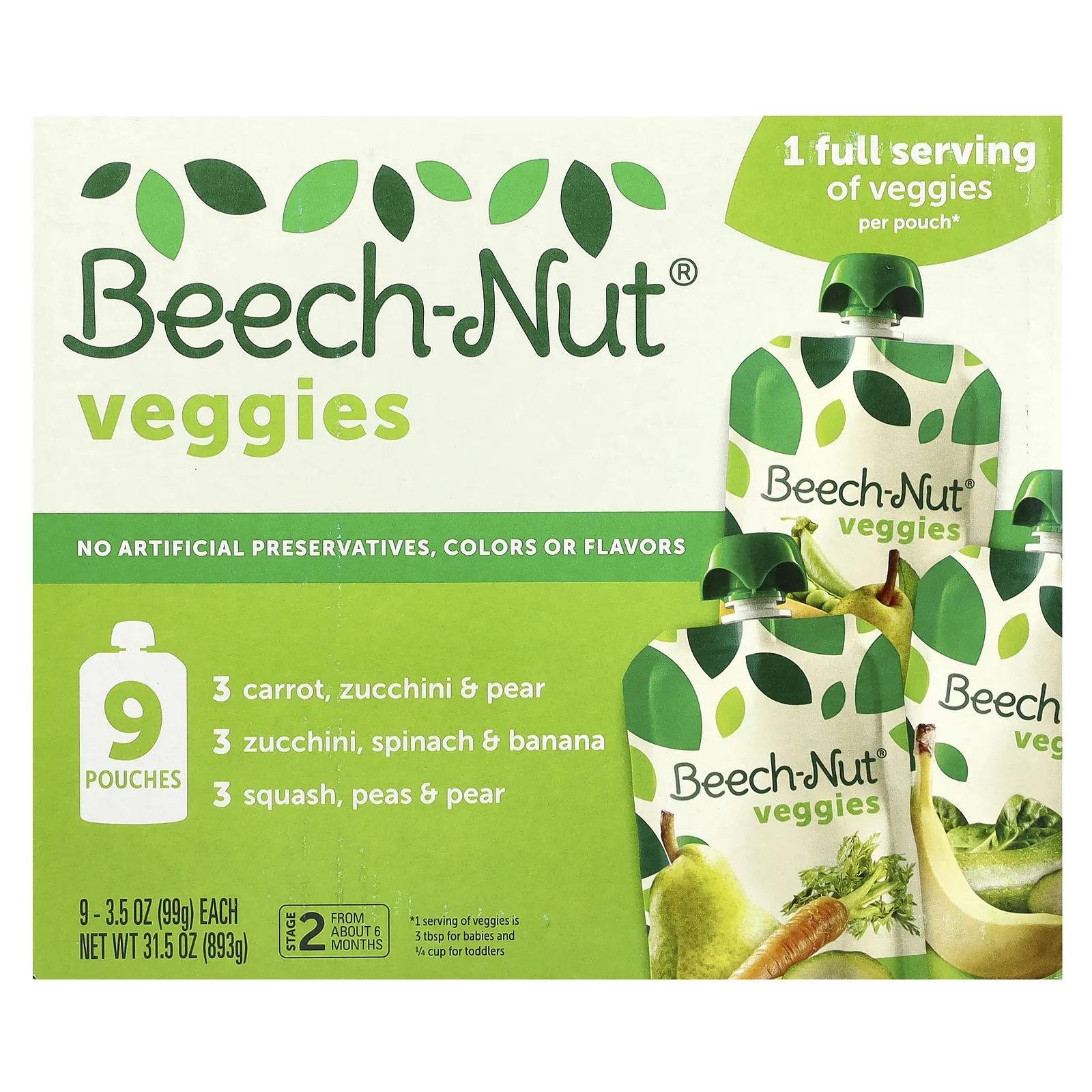 Beech-Nut, овощи, для детей от 6 месяцев, набор разных вкусов, 9 паучей по 99 г (3,5 унции)