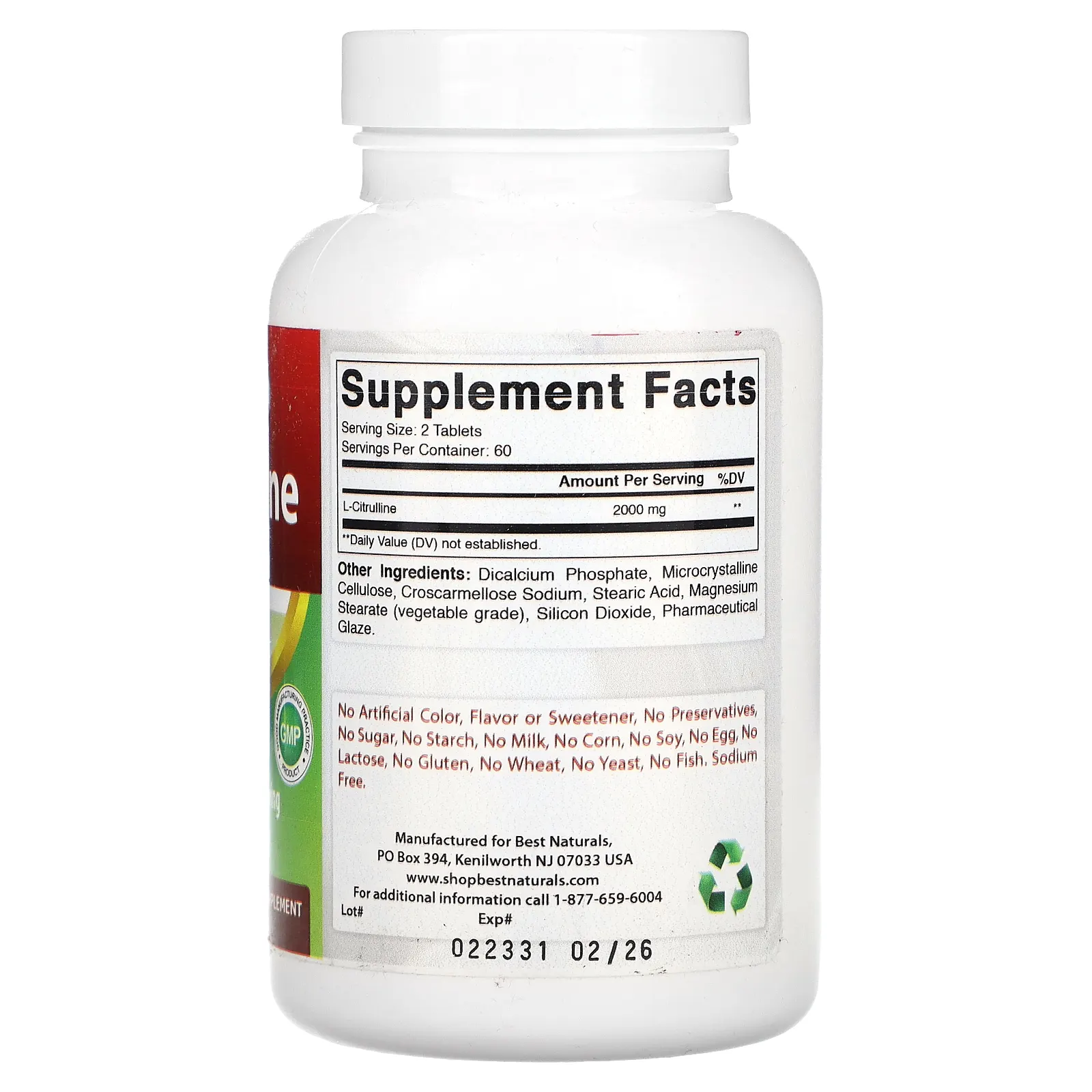 Best Naturals, L-цитруллин, 2000 мг, 120 таблеток (1000 мг в 1 таблетке)