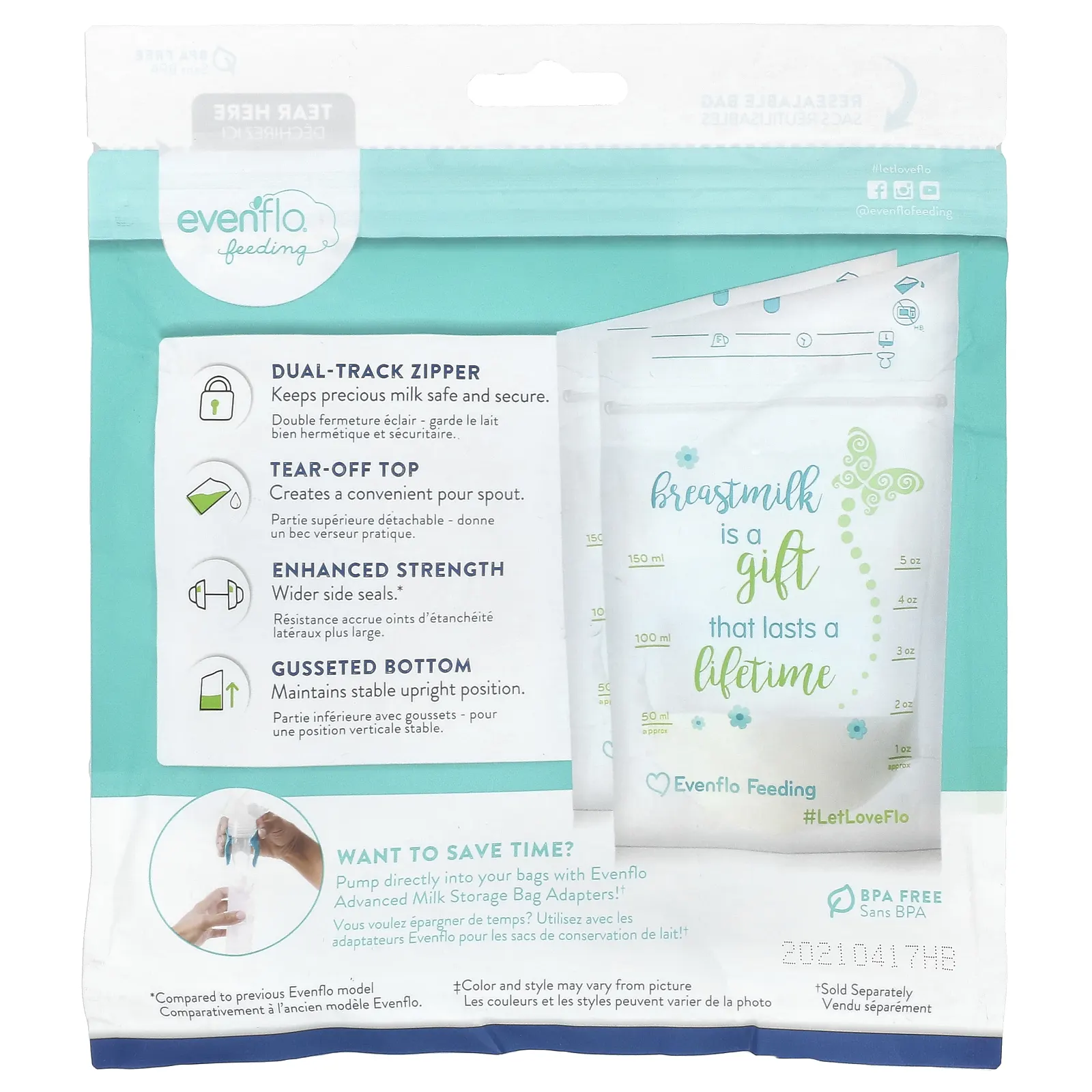 Evenflo Feeding, Улучшенные пакеты для хранения грудного молока, 50 пакетиков, по 150 мл (5 унций)