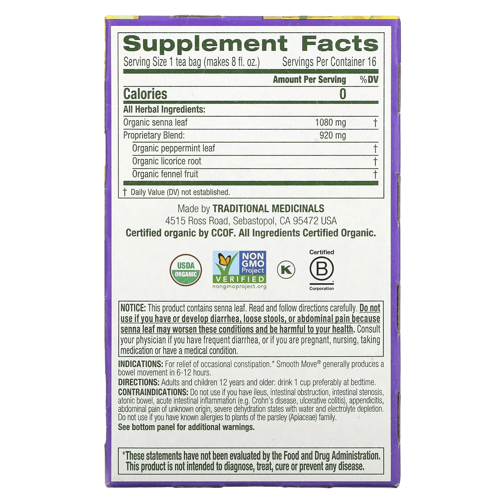 Traditional Medicinals, Smooth Move, органическое слабительное средство, мята перечная и сенна, без кофеина, 16 чайных пакетиков, 32 г, (1,13 унции)