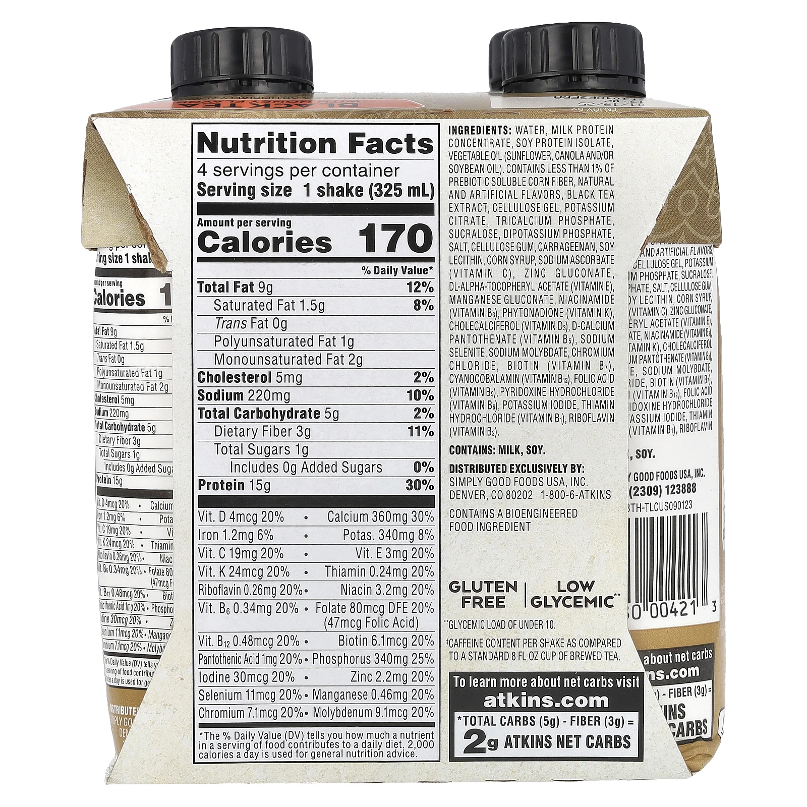 Atkins, протеиновый коктейль со вкусом холодного чая, черный чай с медом, 4 шт. по 325 мл (11 жидк. унций)