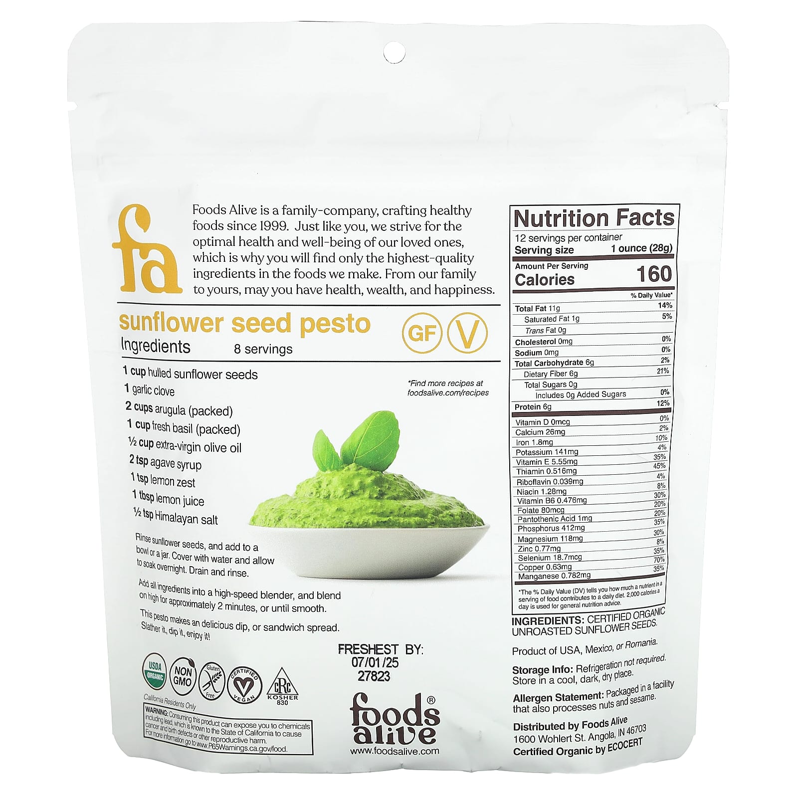 Foods Alive, органические семена подсолнечника, очищенные, 340 г (12 унций)