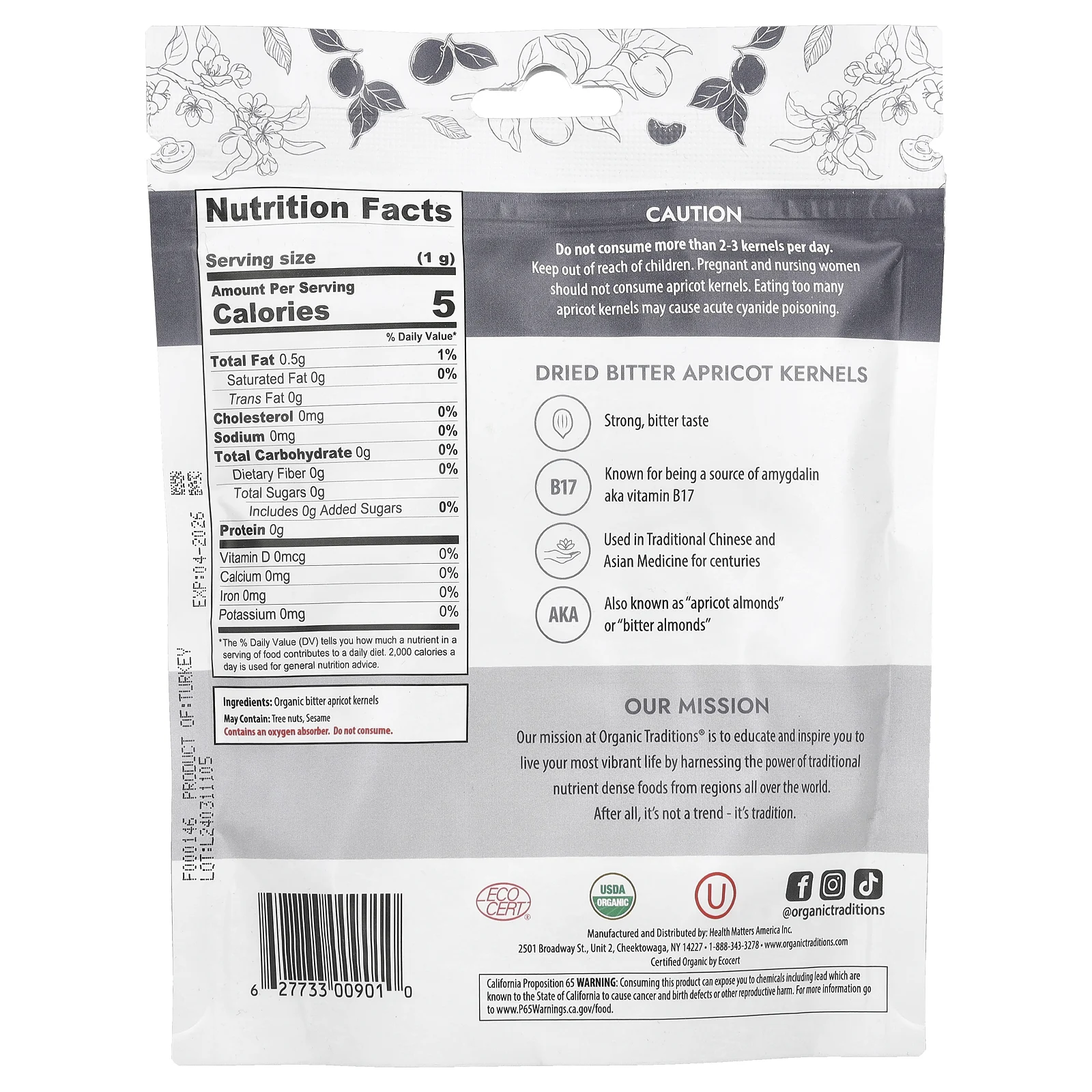 Organic Traditions, Сушеные ядра горького абрикоса, 227 г (8 унций)