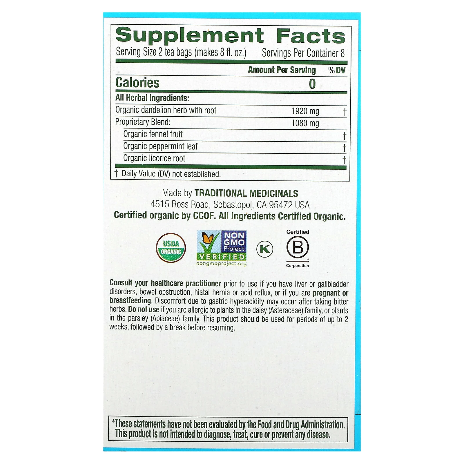 Traditional Medicinals, Organic EveryDay Detox, одуванчик, без кофеина, 16 чайных пакетиков в упаковке, 24 г (0,85 унции)