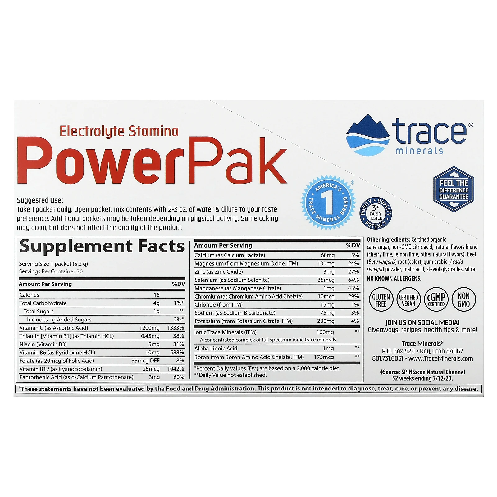 Trace Minerals ®, Electrolyte Stamina PowerPak, вишня и лайм, 30 пакетиков по 5,2 г (0,18 унции)