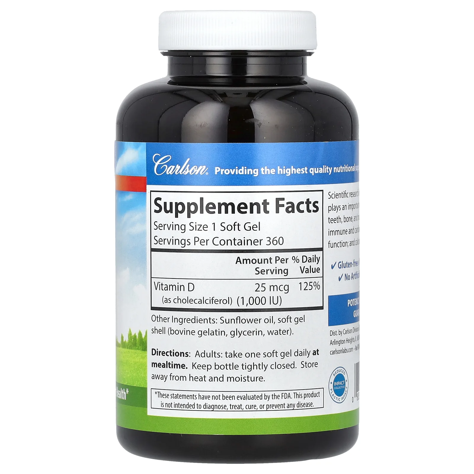 Carlson, Витамин D3, 25 мкг (1000 МЕ), 360 мягких таблеток