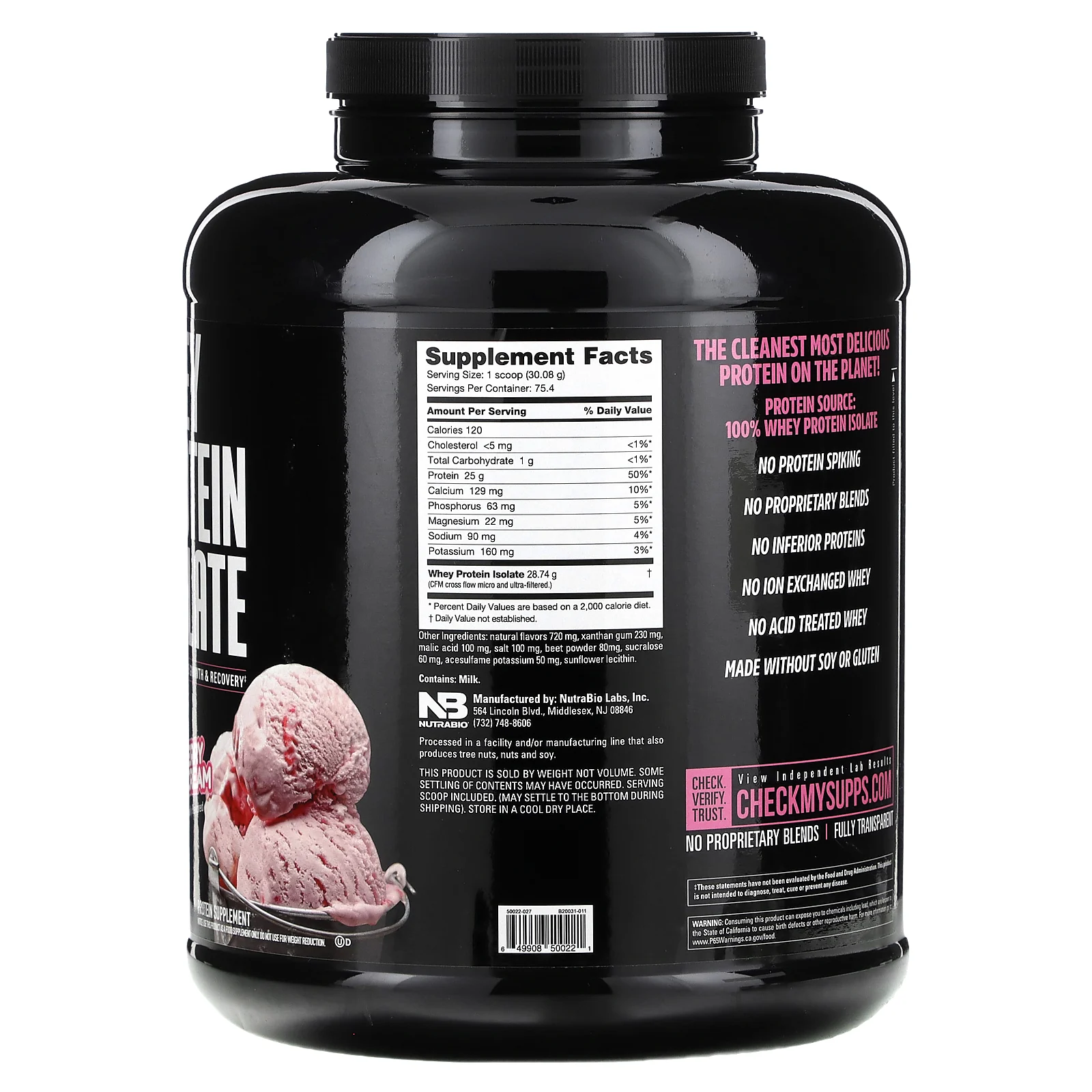 NutraBio, изолят сывороточного протеина, со вкусом клубничного мороженого, 2268 г (5 фунтов)