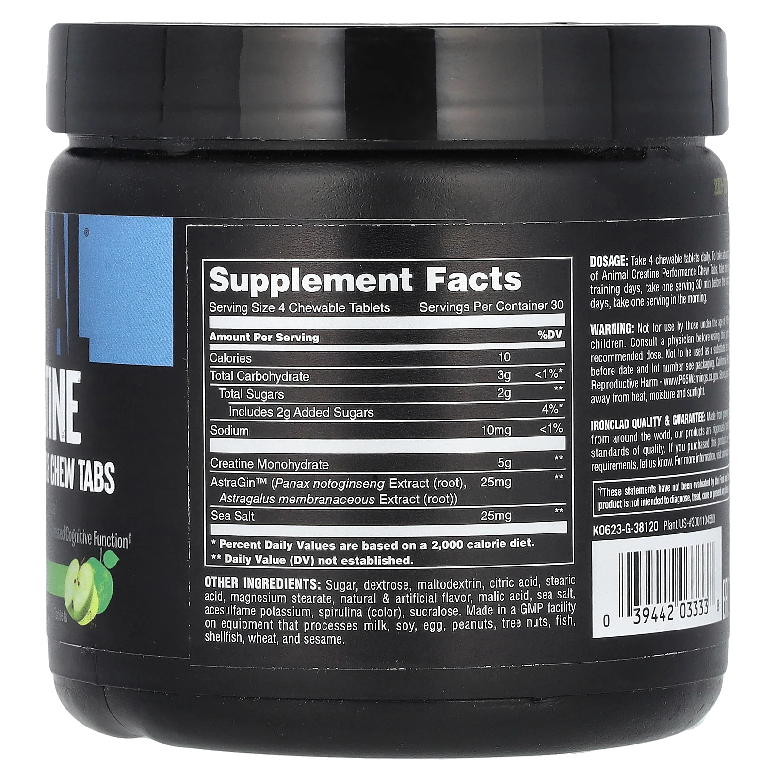 Animal, креатин, жевательные таблетки для повышения эффективности, со вкусом кислого яблока, 120 жевательных таблеток