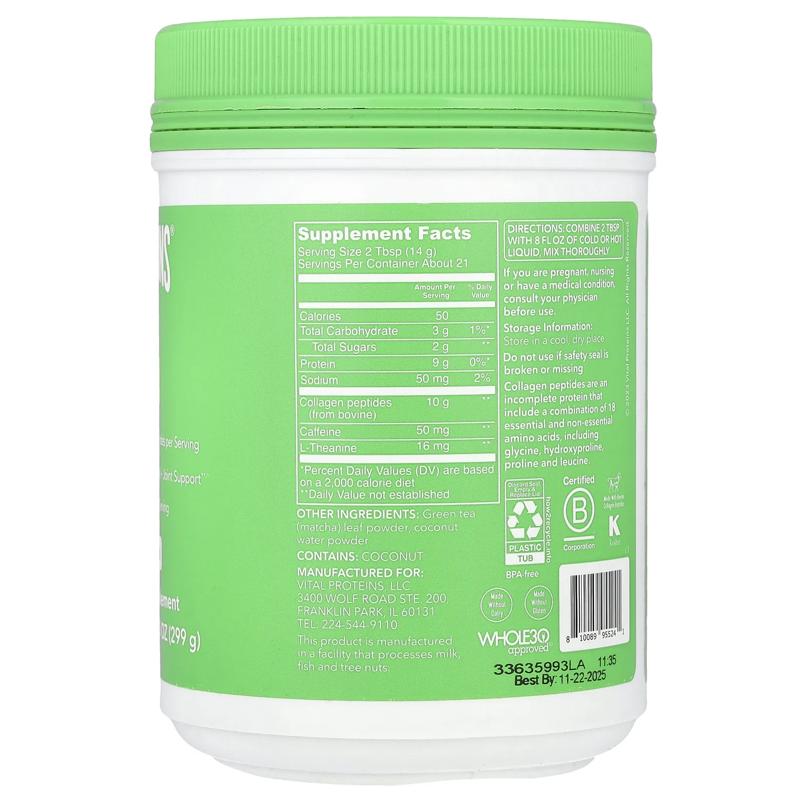 Vital Proteins, Коллаген матча, оригинальный чай матча, 299 г (10,5 унции)