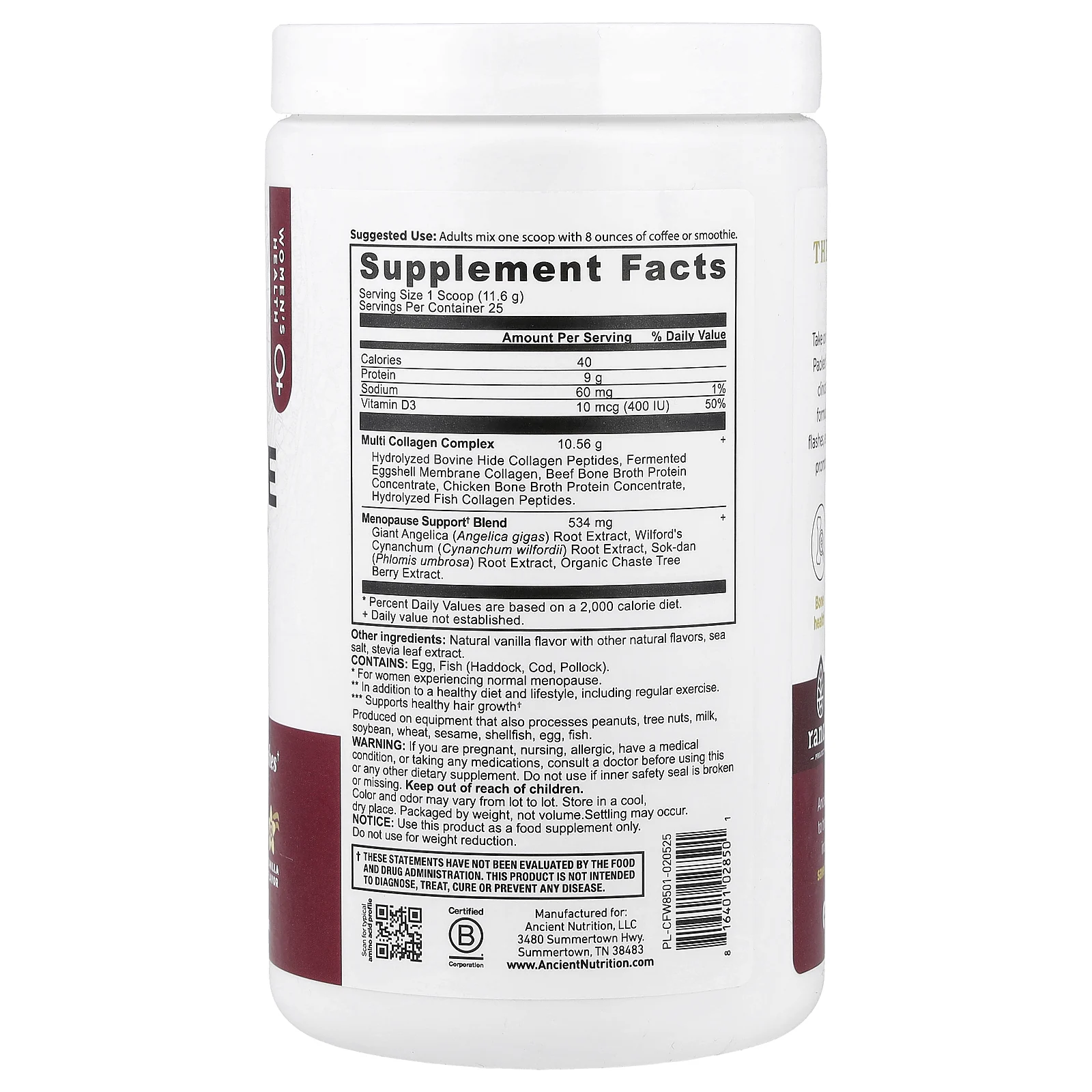 Ancient Nutrition, поддержка в период менопаузы и коллаген, с ванильным вкусом, 289,9 г (10,2 унции)