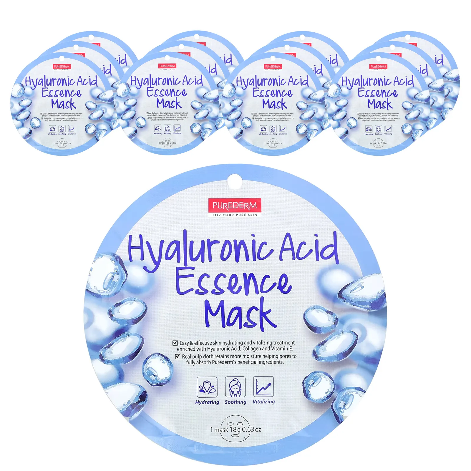Purederm, Косметическая маска с гиалуроновой кислотой, 12 шт., 18 г (0,63 унции)