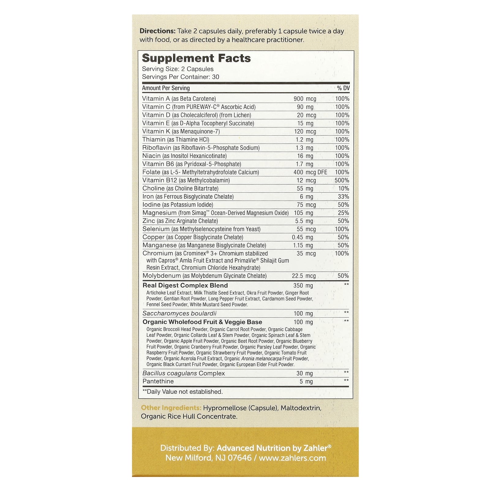 Zahler, Multivitamin Digestion, мультивитаминная добавка для здоровья кишечника, с комплексом для улучшения пищеварения и пробиотиками, 60 капсул