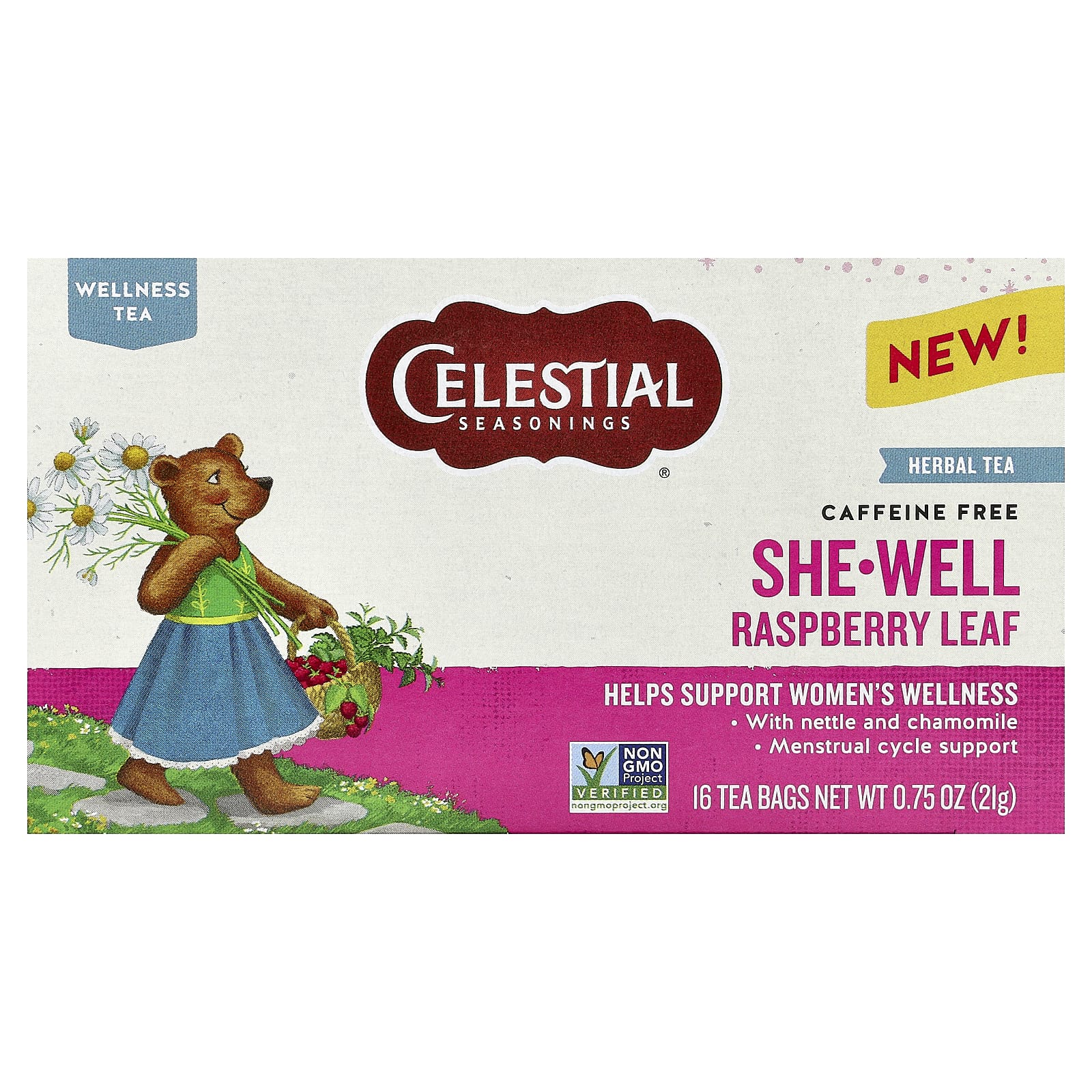 Celestial Seasonings, She-Well, травяной чай, листья малины, без кофеина, 16 чайных пакетиков, 21 г (0,75 унции)