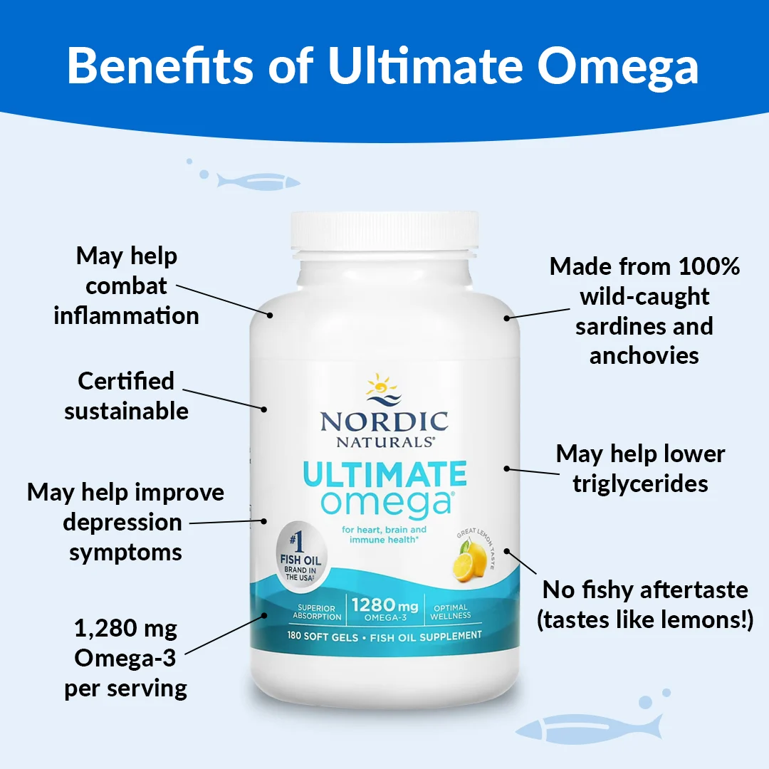 Nordic Naturals, Ultimate Omega, высокоэффективные омега-3 кислоты, со вкусом лимона, 1280 мг, 180 капсул (640 мг в 1 капсуле)