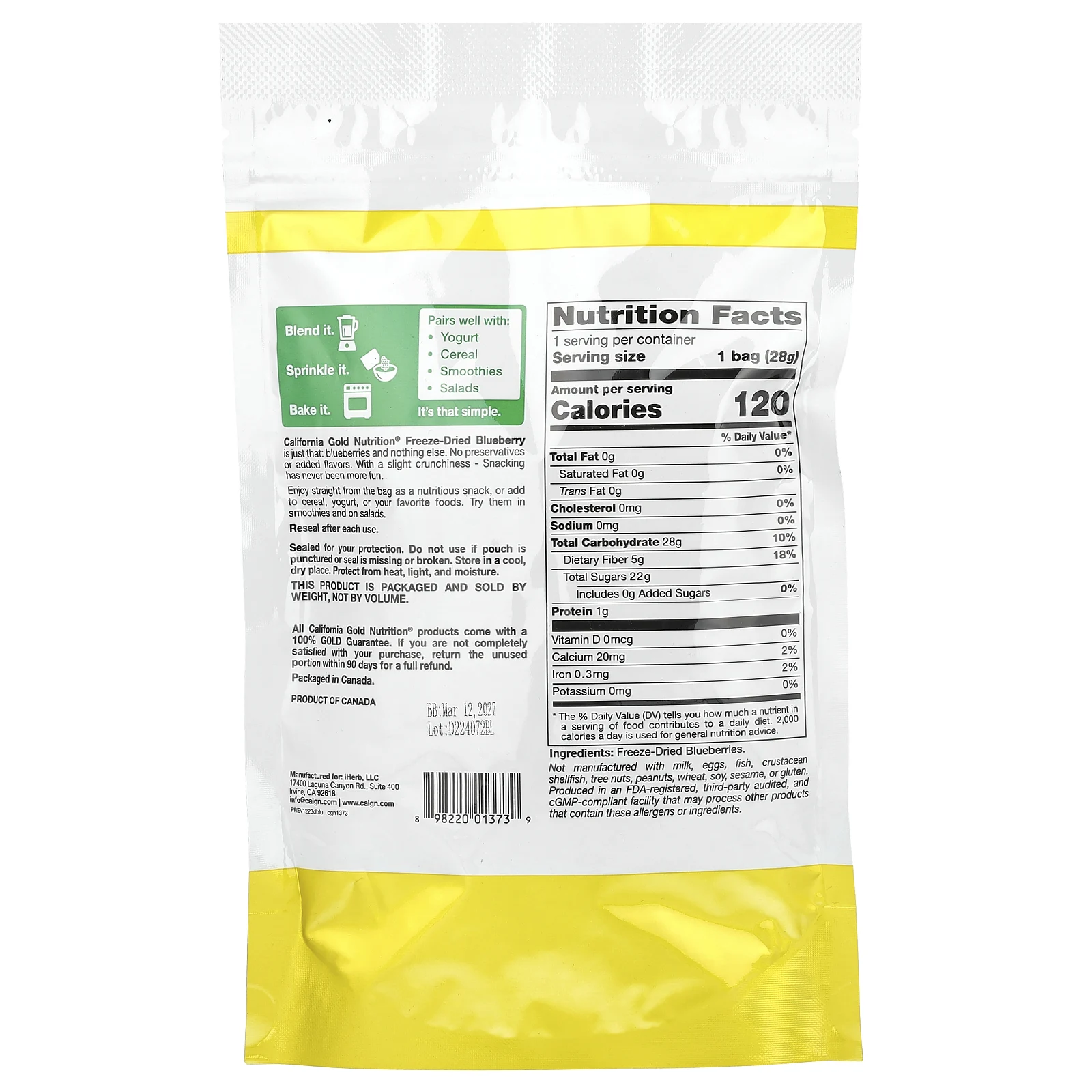 California Gold Nutrition, сублимированная голубика, цельные сублимированные ягоды, готовые к употреблению, 28 г (1 унция)