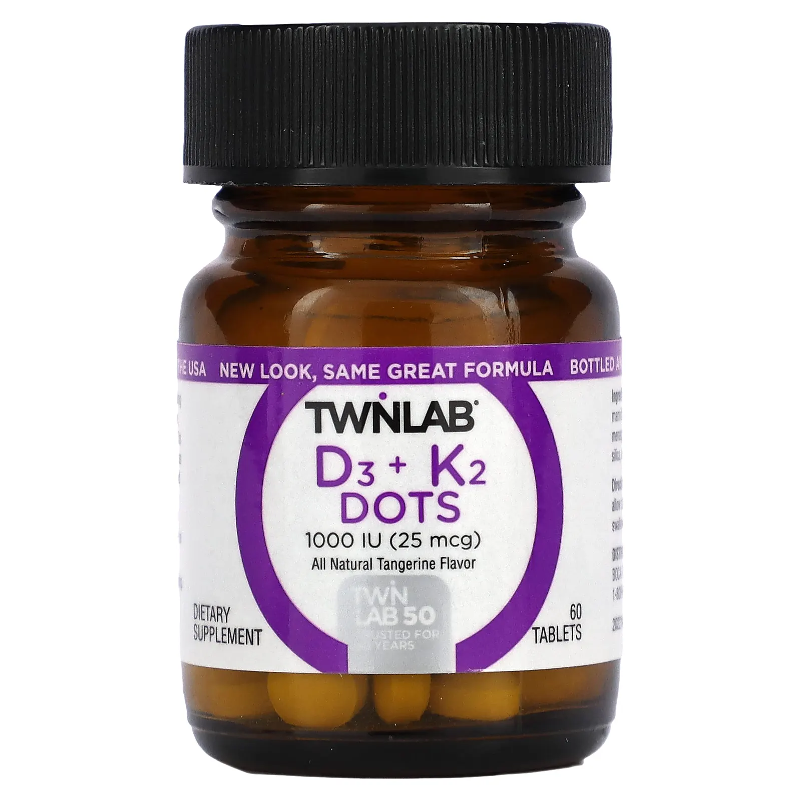 Twinlab, D3 Dots + K2, полностью натуральный мандарин, 1000 МЕ (25 мкг), 60 таблеток