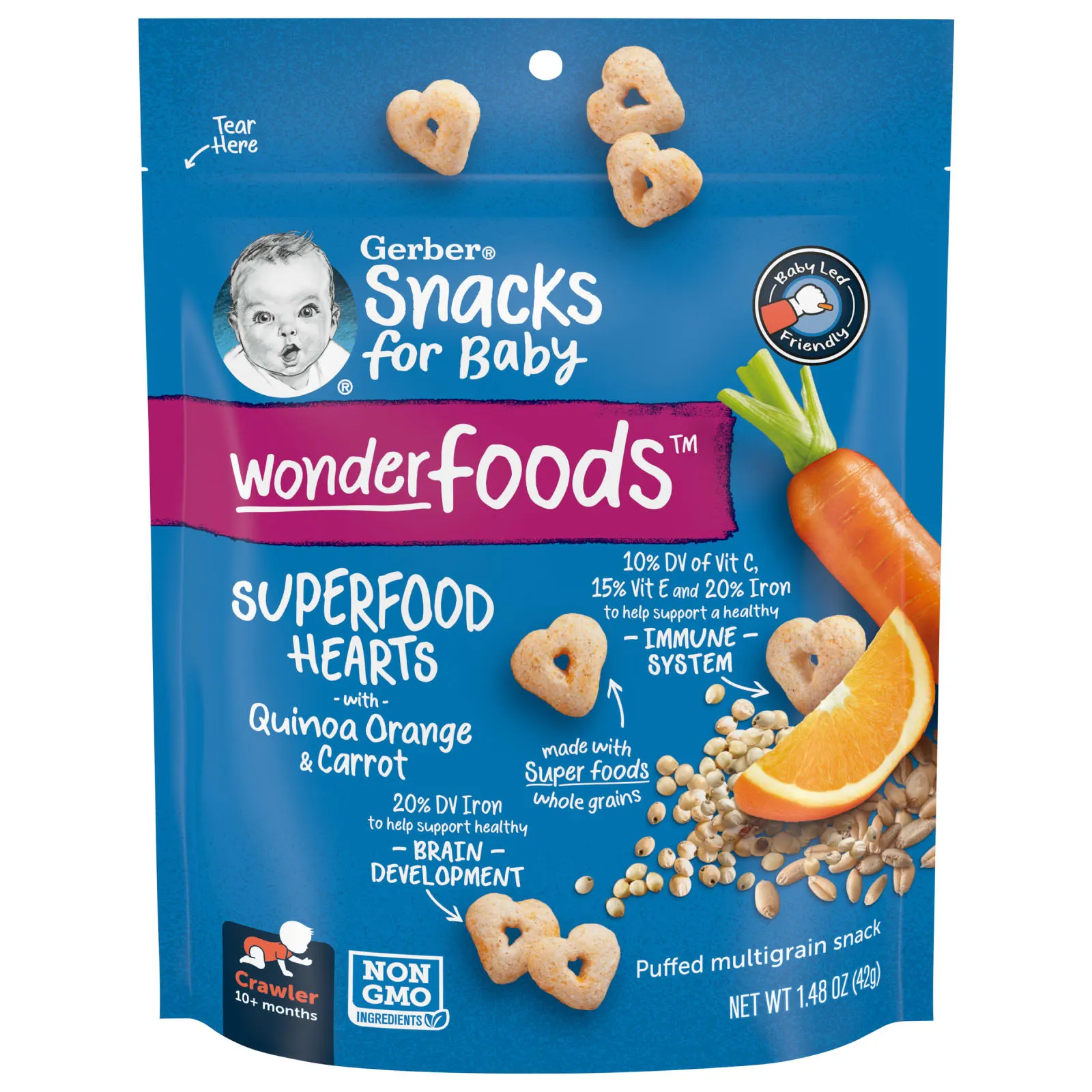 Gerber, Snacks for Baby, Wonder Foods, SuperFood Hearts, от 10 месяцев, киноа, апельсин и морковь, 42 г (1,48 унции)