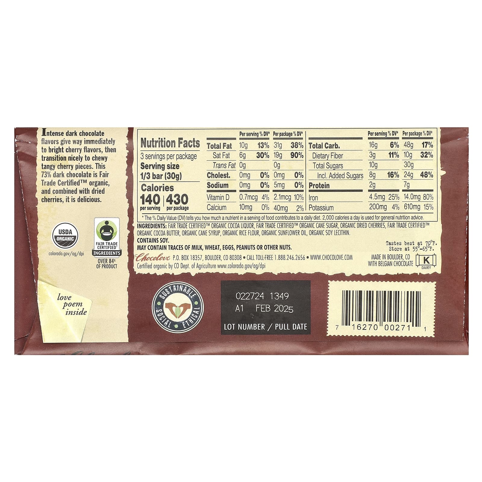 Chocolove, Вишня в темном шоколаде, 73% какао, 90 г (3,2 унции)