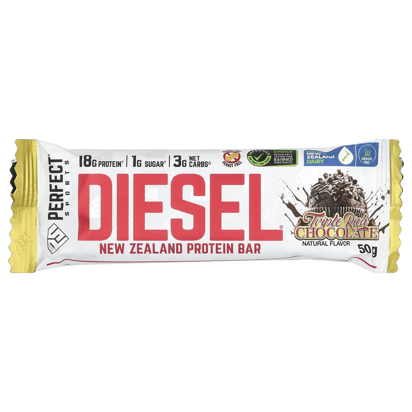 PERFECT Sports, Diesel, протеиновый батончик из Новой Зеландии, тройной насыщенный шоколад, 12 батончиков по 50 г