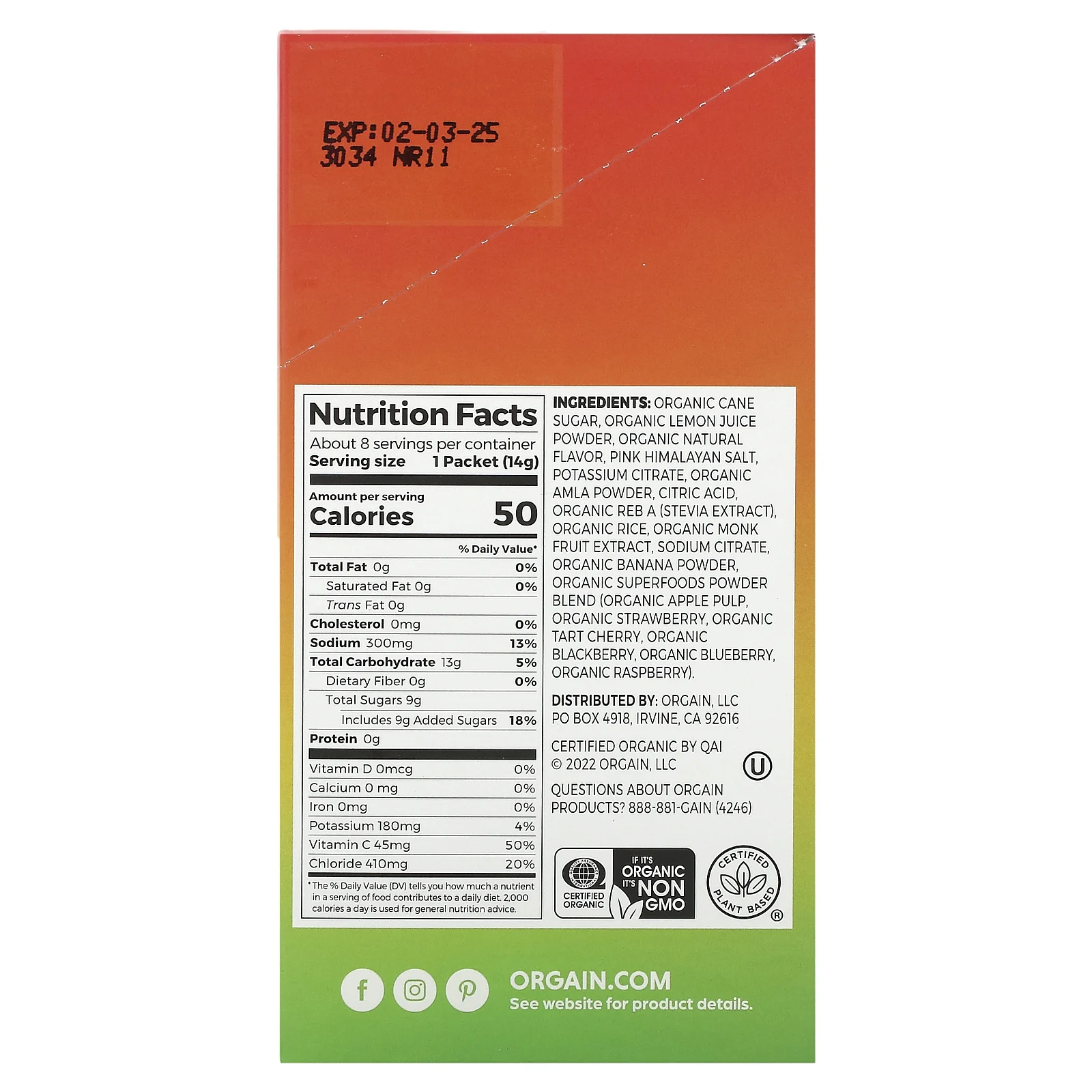 Orgain, Смесь для быстрого увлажнения Hydro Boost, манго, 8 пакетиков по 14 г (0,49 унции)